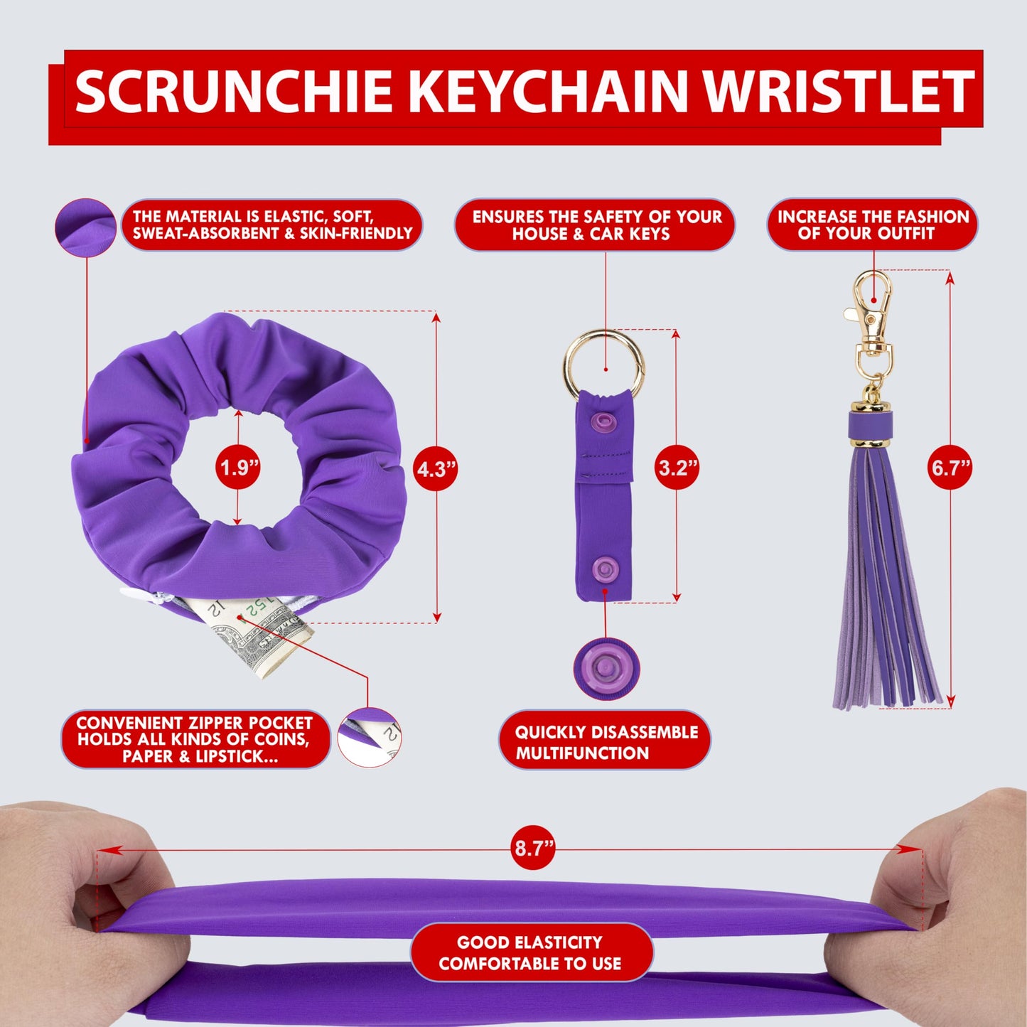 ANHBKAR Scrunchie Keychain Wristlet - Hair Satin Scrunchies for Curly Hair - Key Ring Bracelet Keychain for Women (1, PURPLE A)