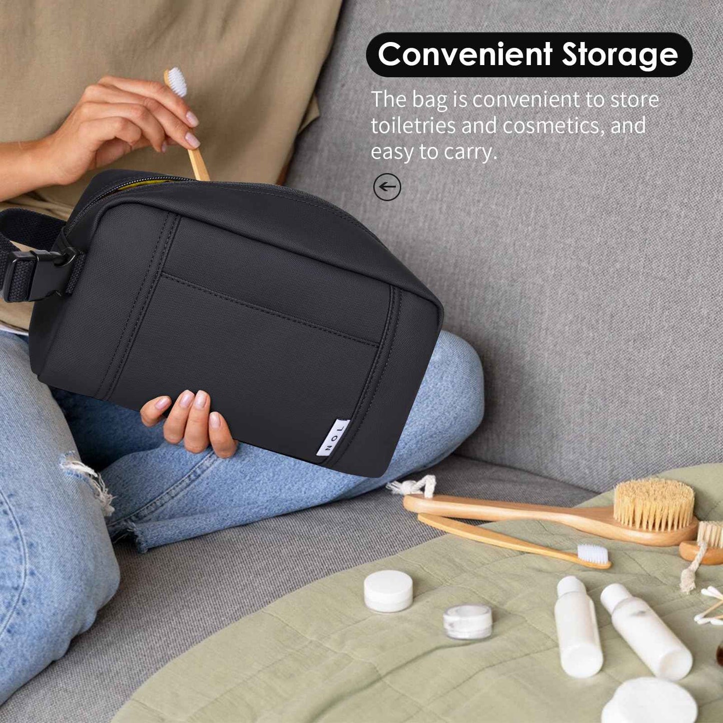 NOL Natural Organic Lifestyle Nylon Makeup Bag Lightweight Travel Toiletry Bag for Adults, Reusable, Zip Closure with Buckle Handle, Snack Bag, Travel Cosmetic Bag, Black