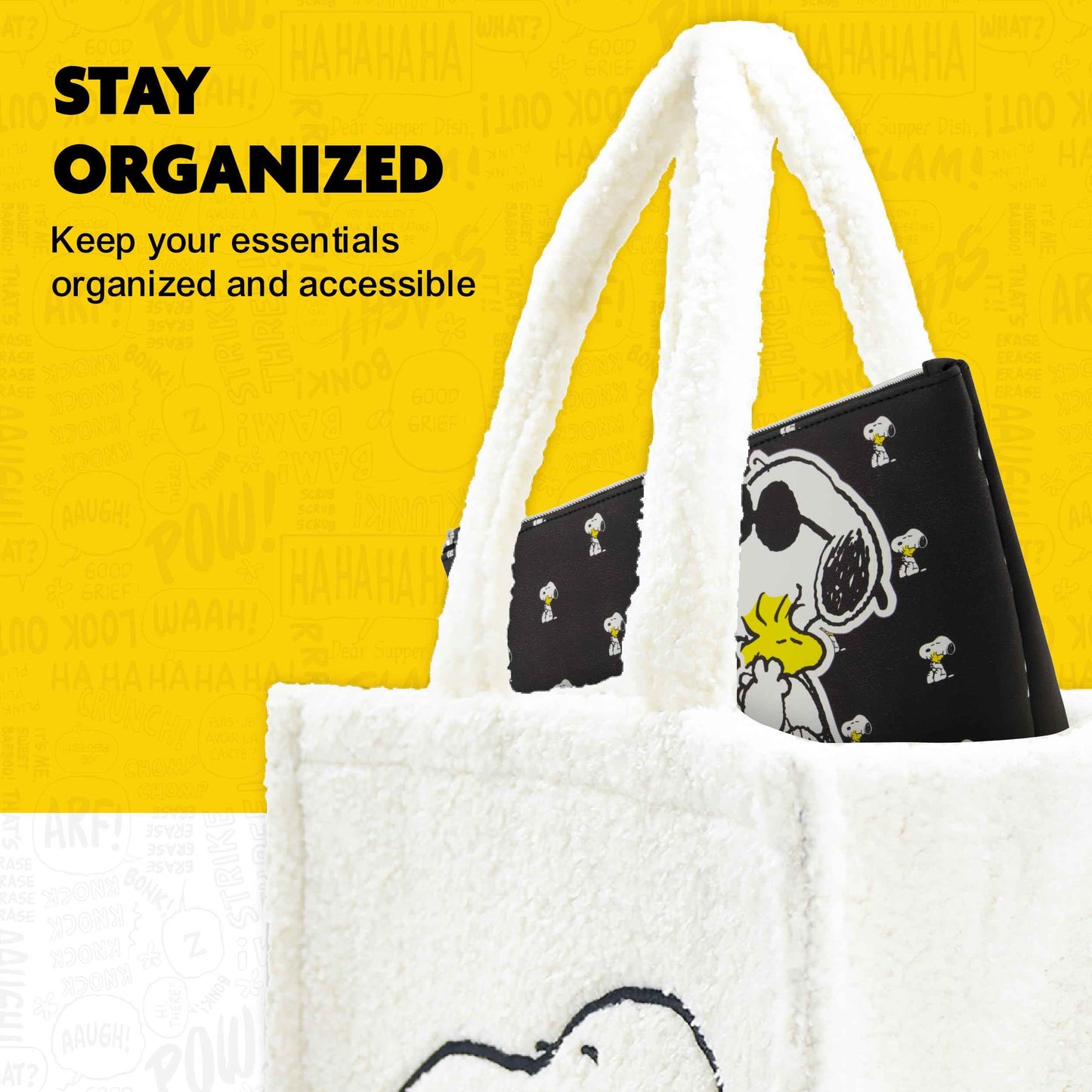 Peanuts Snoopy Women's Makeup Bag, Small Travel Cosmetic Zipper Pouch Organizer, Black