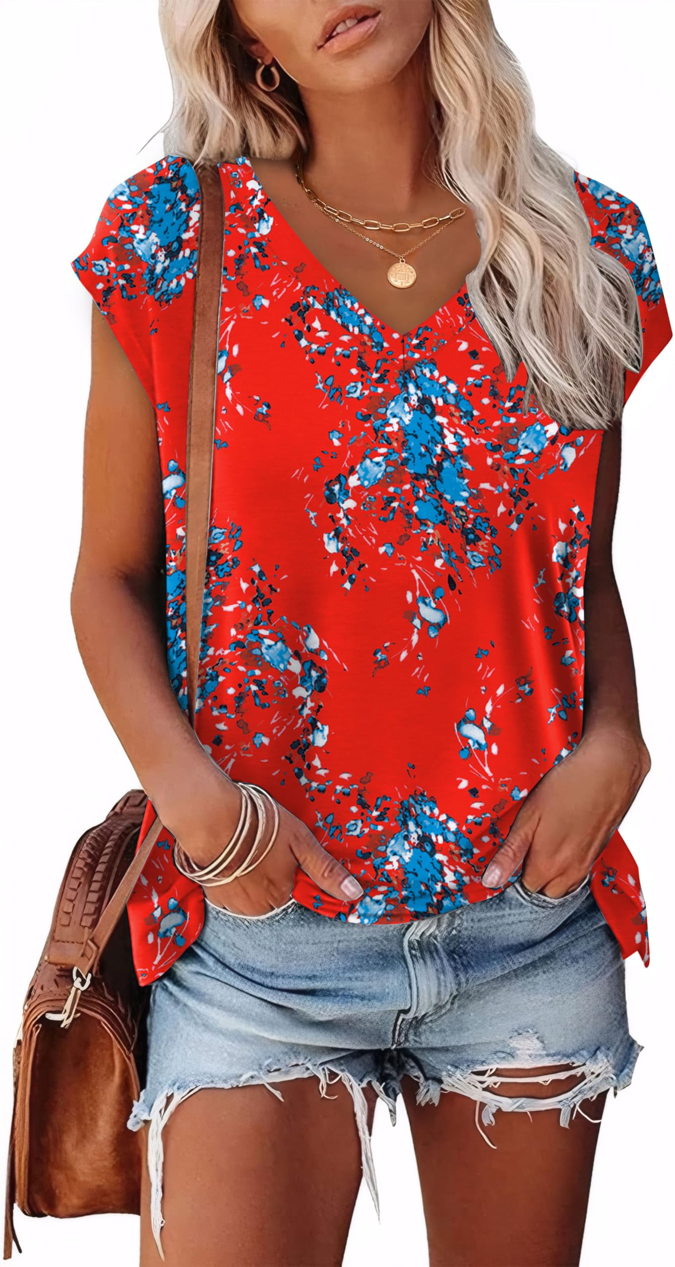 Summer Tops for Women 2024 Cute Dressy Blouses Oversized Shirts for Women Print Red Floral S