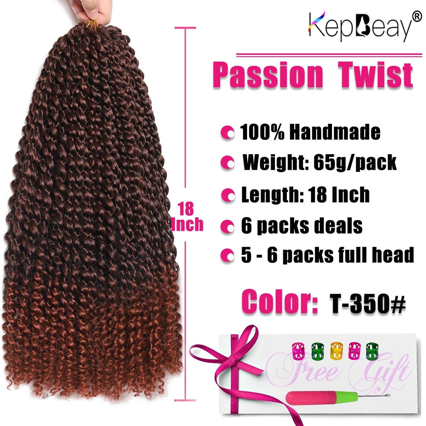 Passion Twist Hair 18Inch Water Wave Crochet Hair 6 Packs Passion Twist Crochet Hair (18inch, T350#）