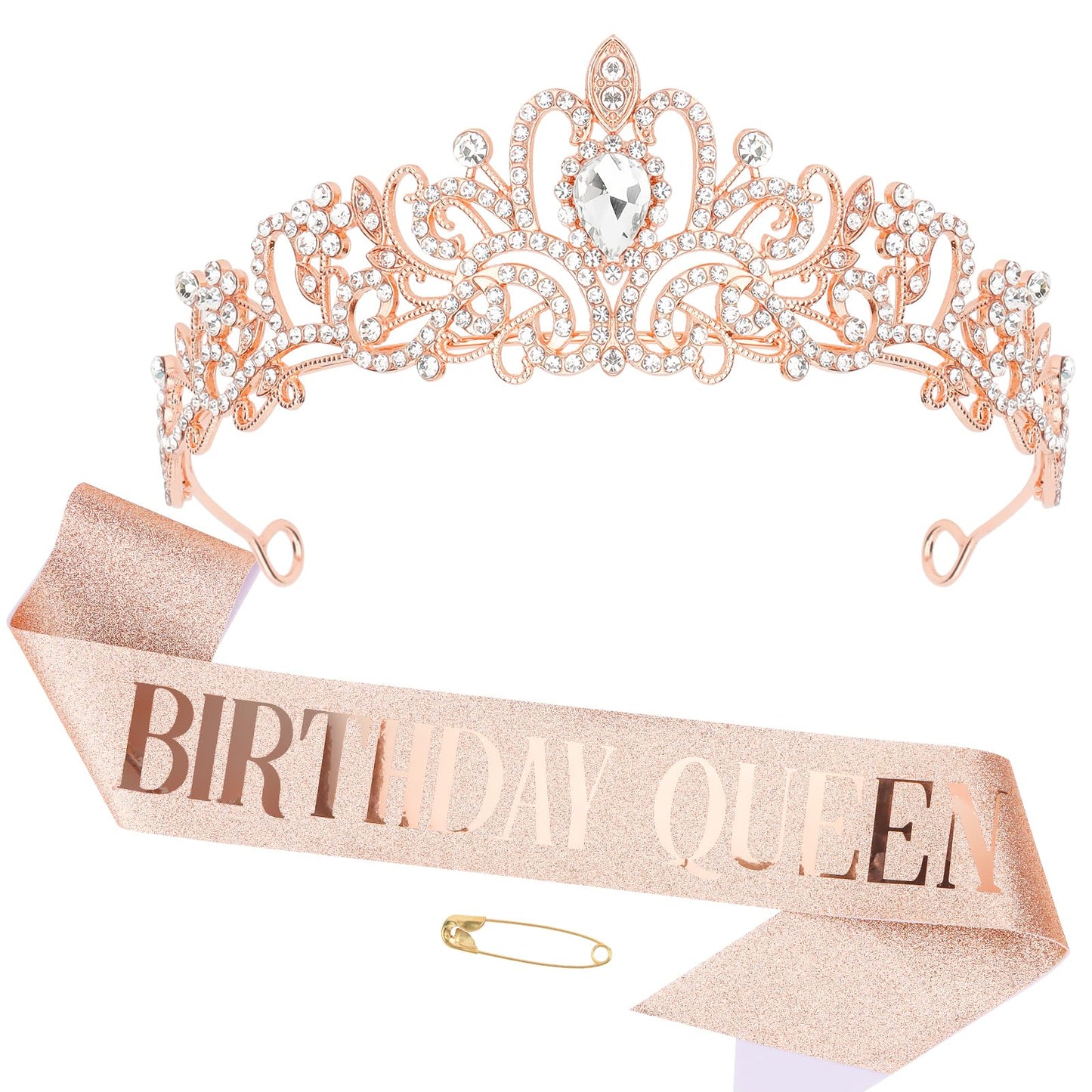 CIEHER Crystal Rose Gold Crown + Birthday Queen Sash + Pearl Pin Set, Birthday Crown and Sash Birthday Tiara for Women, Birthday Sash for Women Birthday Decorations and Birthday Gifts Girls