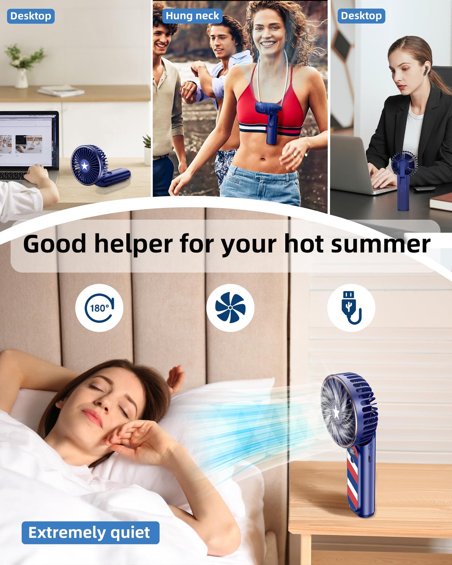 TUNISE Portable Handheld Fan, Neck Fan, 4000mAh Desk Fan, 180° Adjustable, 6 Speed Wind, Display Electricity in Real Time, USB Rechargeable Foldable Fan, Quiet Personal Fan