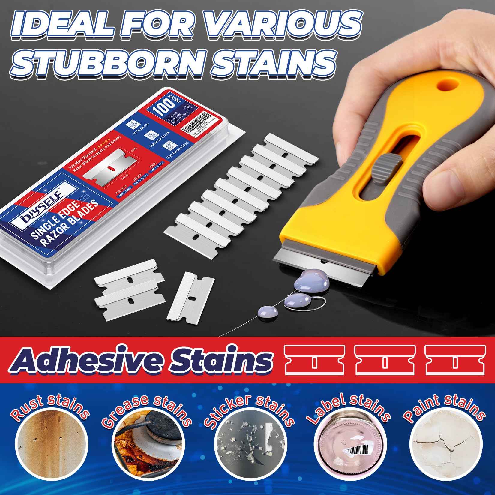 DIYSELF 2 Pack Plastic Razor Blade Scraper, 100PCS Plastic & Metal Razor Blades