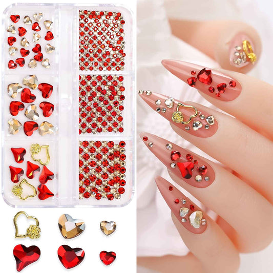 767pcs Red Heart Nail Art Charms Love Gems Glitter Valentines Decoration 3D Red Gold Round Beads Flatback Diamonds Design Rose Nail Studs Jewel Craft Clothes Shoes Supplies for Women