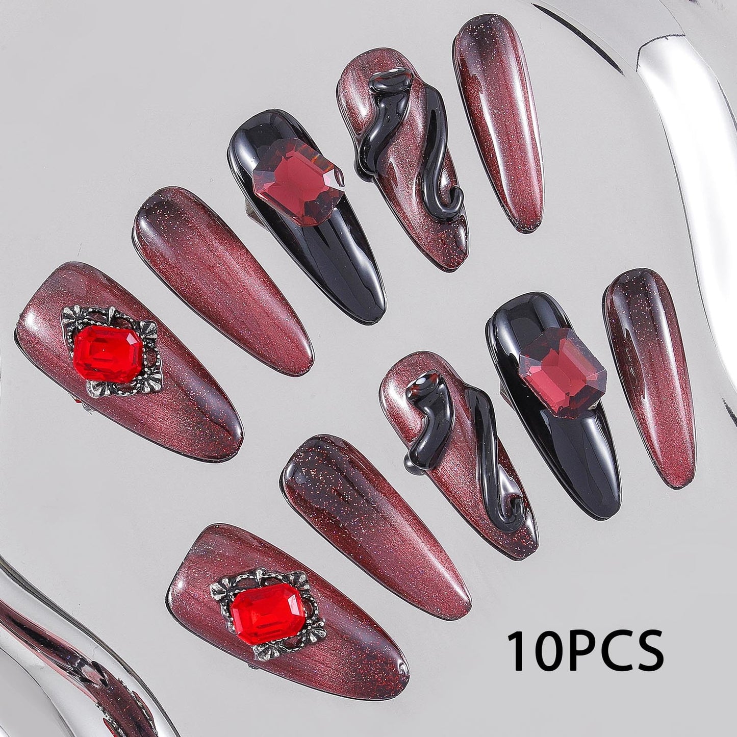 Sethexy Punk Handmade Press On Nails Long Stiletto Acrylic False Nails with Design Glossy Rhinestone Salon Fake Nail for Women and Girls 10PCS (Dark Red)