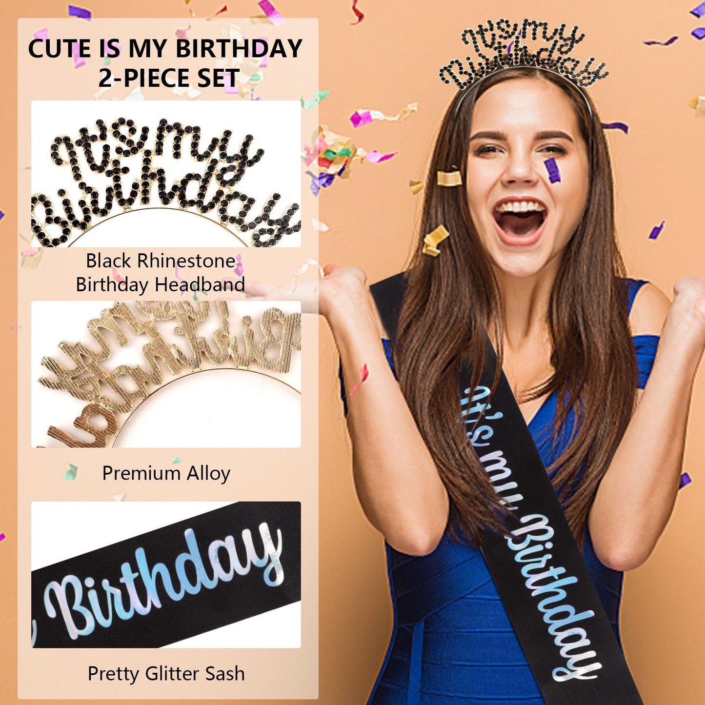 BAHABY It's My Birthday Sash & Rhinestone Tiara Set, Black - Princess Hairband for Women, Birthday Party Decorations for Wife, Mom, Sisters, Friends and Family