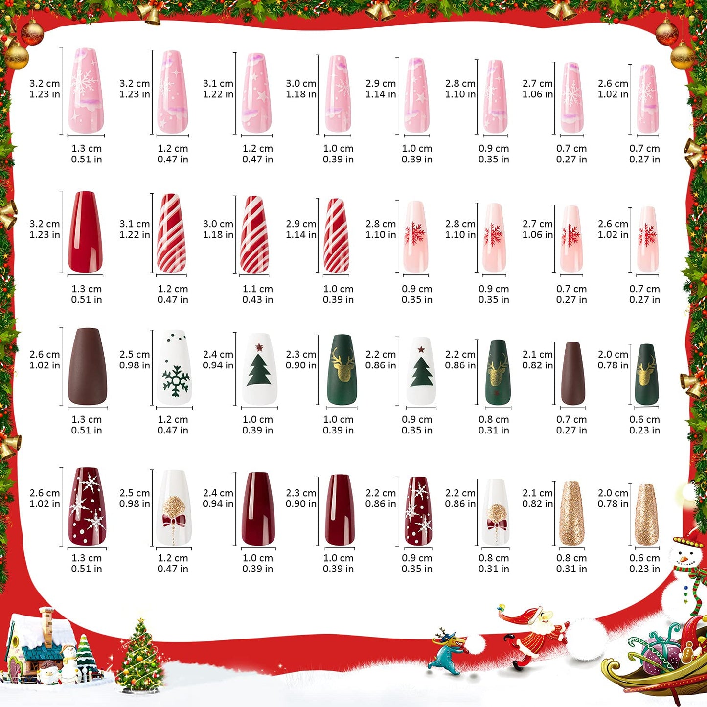 Noverlife 96PCS Christmas Long Coffin Press on Nails with Self Adhesive Jelly Nail Glue Tabs, Xmas Nail Art Decoration Ballerina False Nail Tips, Festive Holiday Fake Nails with Christmas Nail Design