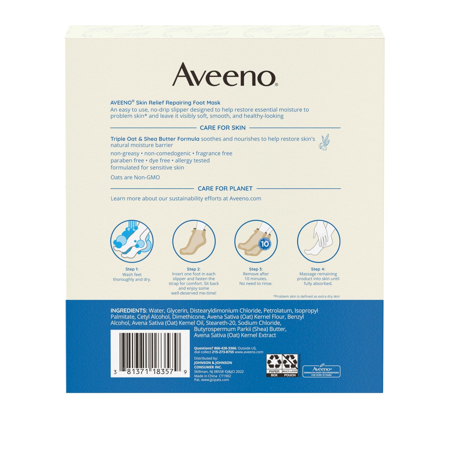 Aveeno Skin Relief Repairing Foot Mask, Moisturizing Socks with Prebiotic Oat & Shea Butter for Very Dry Skin, Foot Care for Sensitive Skin, Fragrance-Free, Value Pack, 6 Pairs of Single-Use Slippers