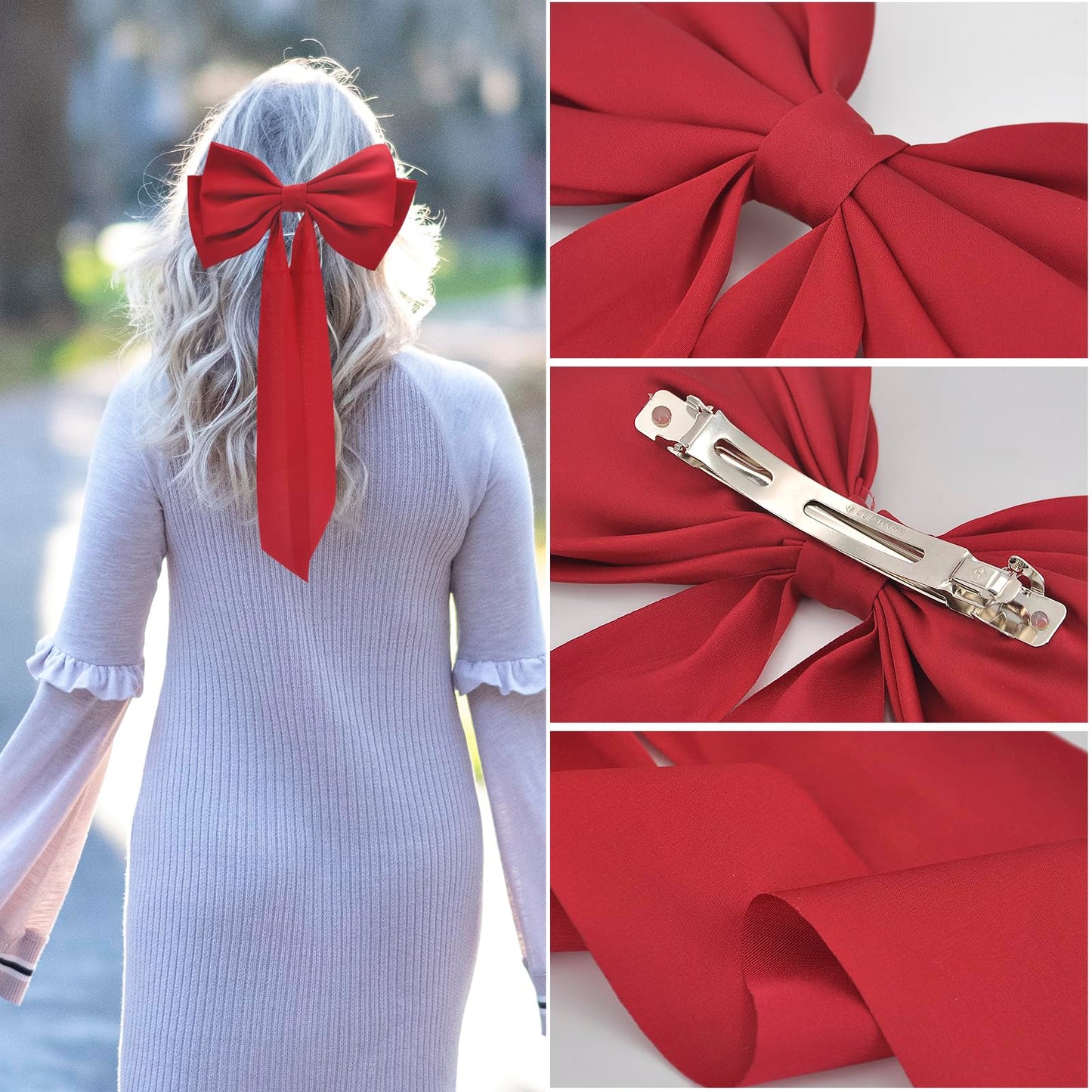 cvisay Big Hair Bow with 7.6 Inch Wide Design and 14.18 Inch Ribbon for Women，made with Soft and Silky Material，Ideal for Daily Wear, Holidays, Birthdays, and Travel -Red