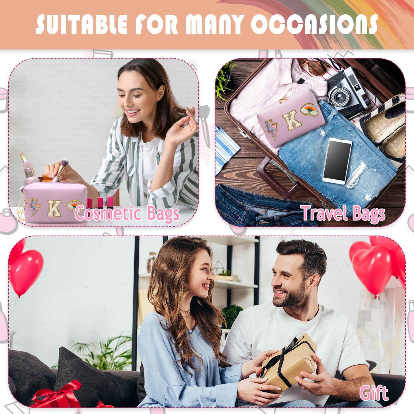 LUCKIPLUS Makeup Bag Preppy Cosmetic Pouch, Monogram Initial Pink Cute Skincare Travel Make up Organizer, Waterproof PU Preppy Case Brithday Gift for Daughter Women Mother (Letter K)