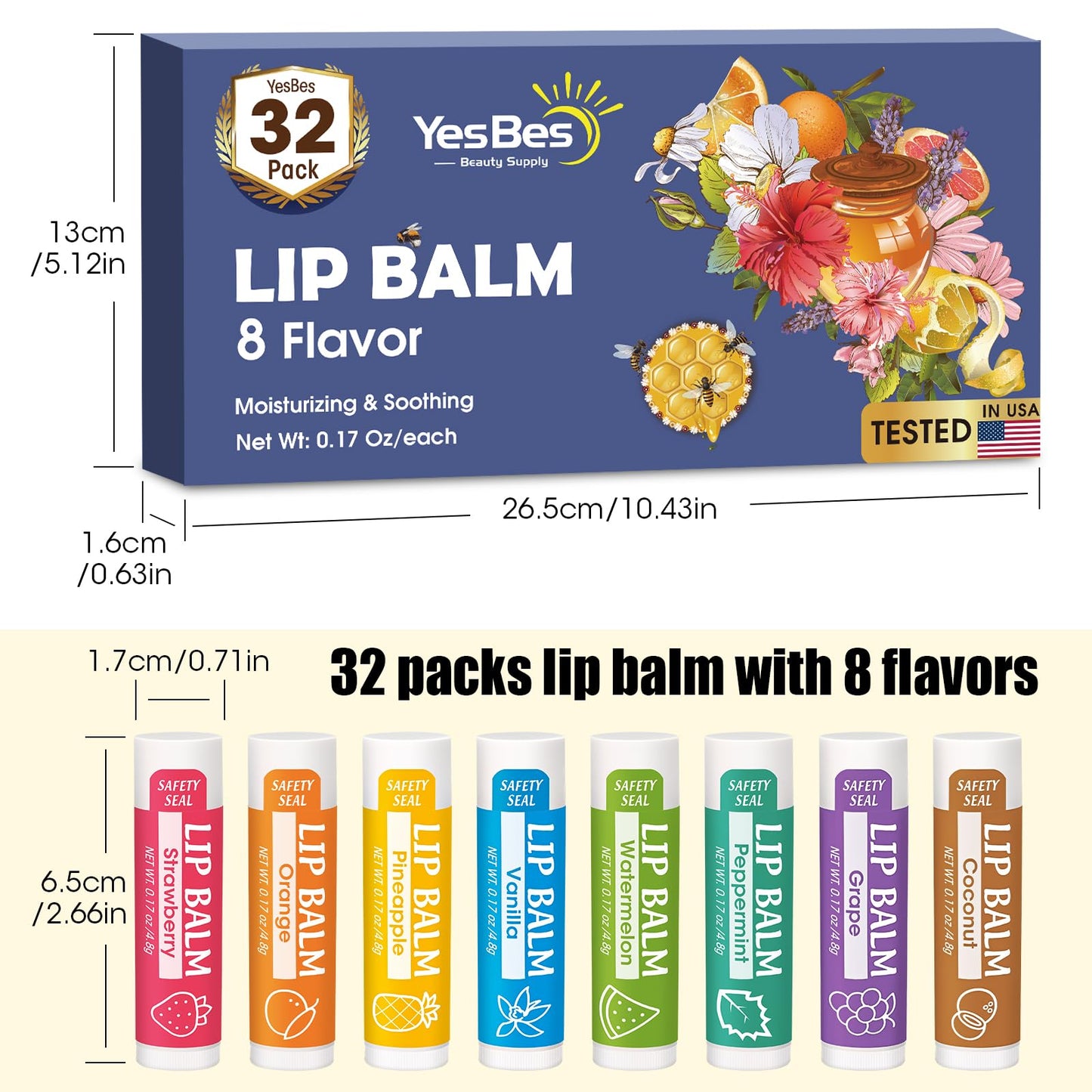 YesBes 32 Pack Lip Balm, Natural Lip Balm Bulk with Vitamin E and Coconut Oil, Moisturizing Lip Balm for Dry Cracked Lips, Lip Balm for Stocking Stuffers - 8 Flavors