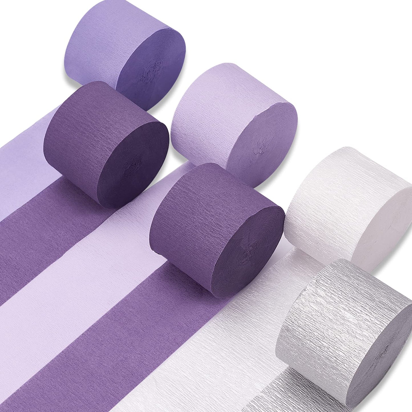 PartyWoo Crepe Paper Streamers 6 Rolls 492ft, Pack of Metallic Silver, Light Purple, Lilac, Lavender Purple, White Crepe Paper for Birthday Decorations, Baby Shower Decorations (1.8 Inch x 82 Ft/Roll)