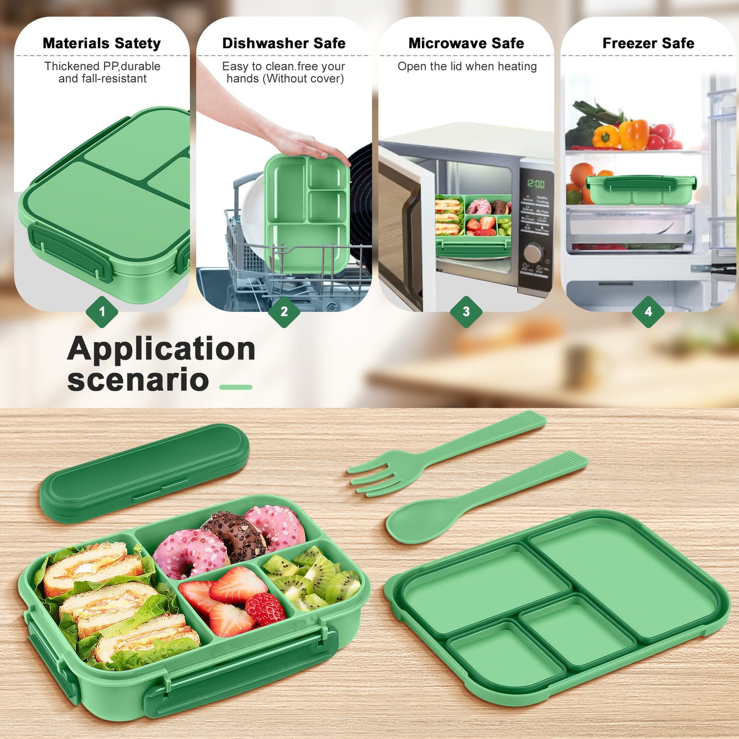 Amathley Lunch Box Kids,Bento Box Adult,Leakproof Lunch Containers for Adults/Kids/Toddler,1200ML-4 Compartments bento Lunch box with Utensil,Microwave & Dishwasher & Freezer Safe (Cyan)