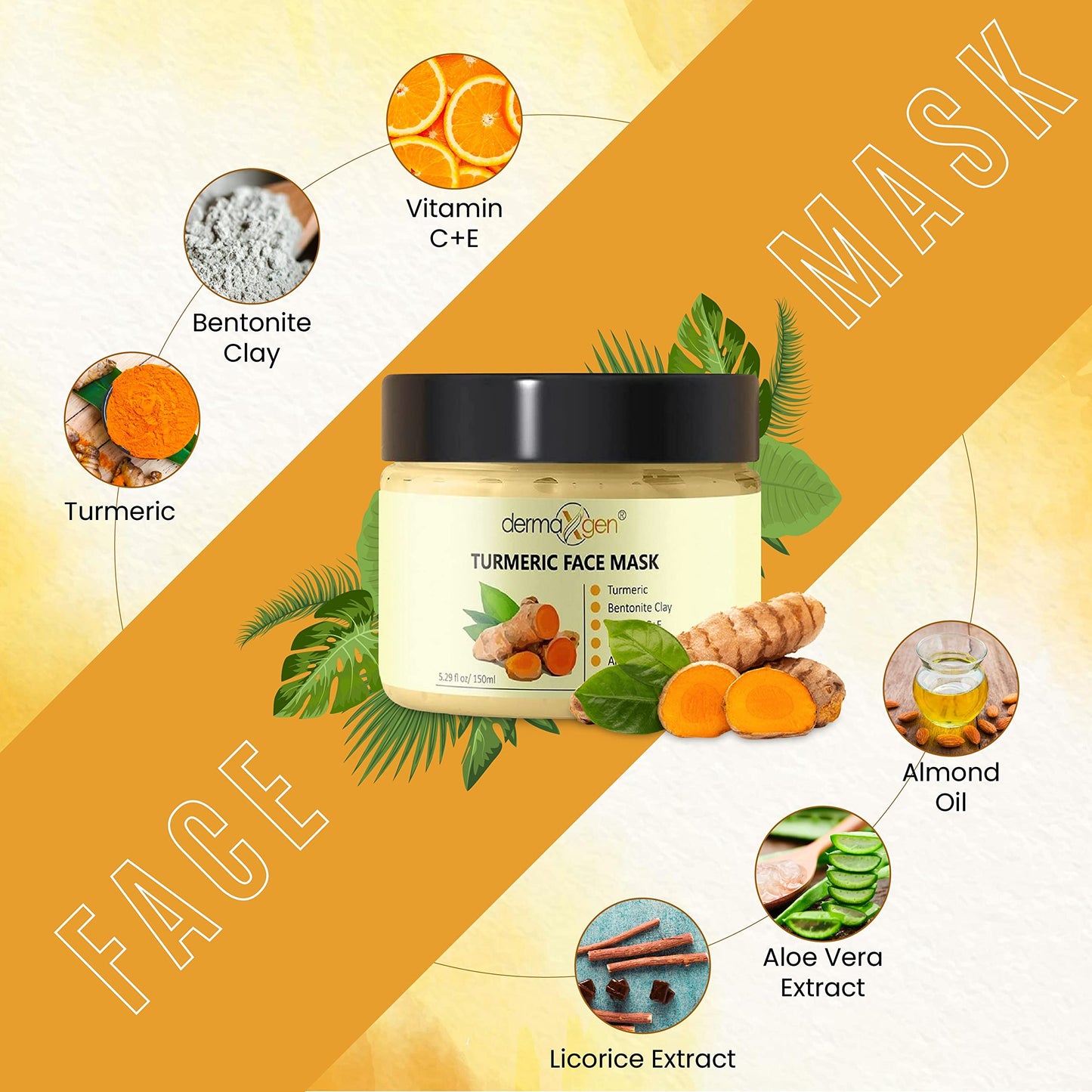 DERMAXGEN Organic Turmeric Face Mask - Detox Clay for Clear, Radiant Skin - Acne & Scars Reduction, Healing Clay Pore Cleansing Facial Mask - Improve Skin Tone and Texture - All-Natural 5.29FL OZ