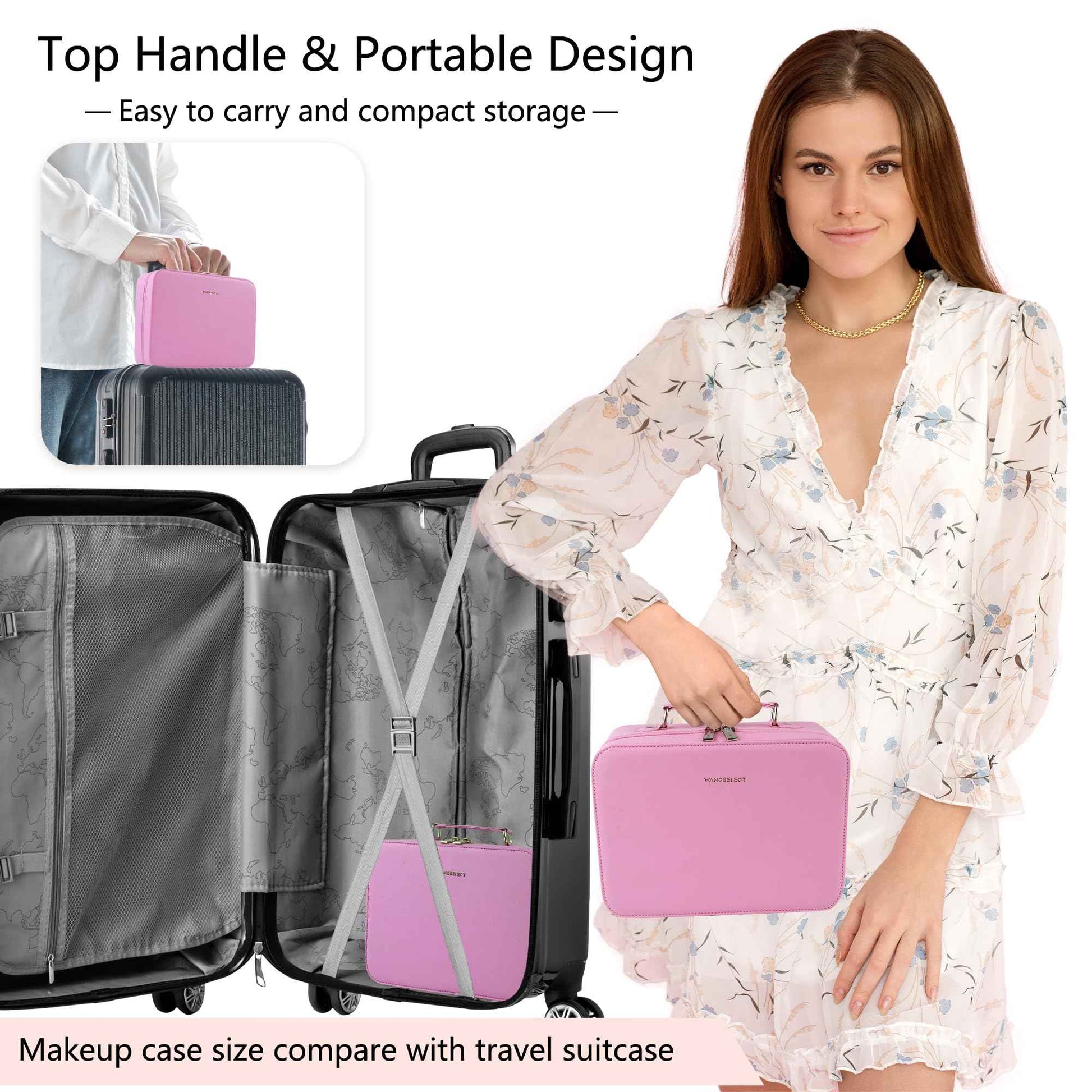 WangSelect Travel Makeup Bag with Light-up Mirror Portable Cosmetic Organizer Train Case with Adjustable Dividers & Brushes Holder &1X/10X Magnifying Compact Mirror & Eyebrow Trimmer- Pink