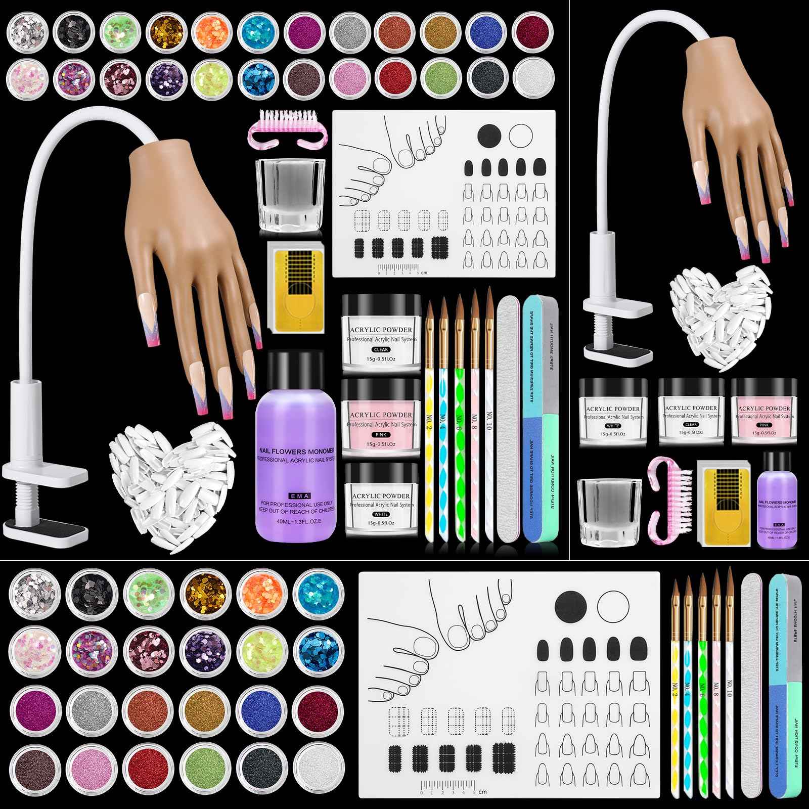 Practice Hand for Acrylic Nails Kit: Silicone Hand for Nail Practice with Nail Kit for Beginners - Bendable Training Fake Hand Manicure Acrylic Powder Set for Salon Home