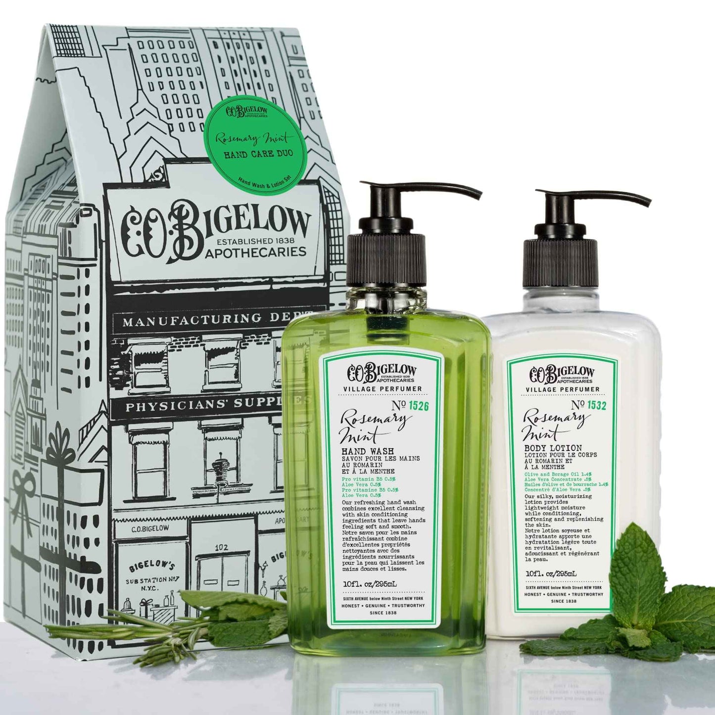C.O. Bigelow Rosemary Mint Apothecary Duo Hand Care Gift Set, Hand Wash & Body Lotion, Liquid Soap & Moisturizing Lotion, Set of 2, 10 Fl Oz