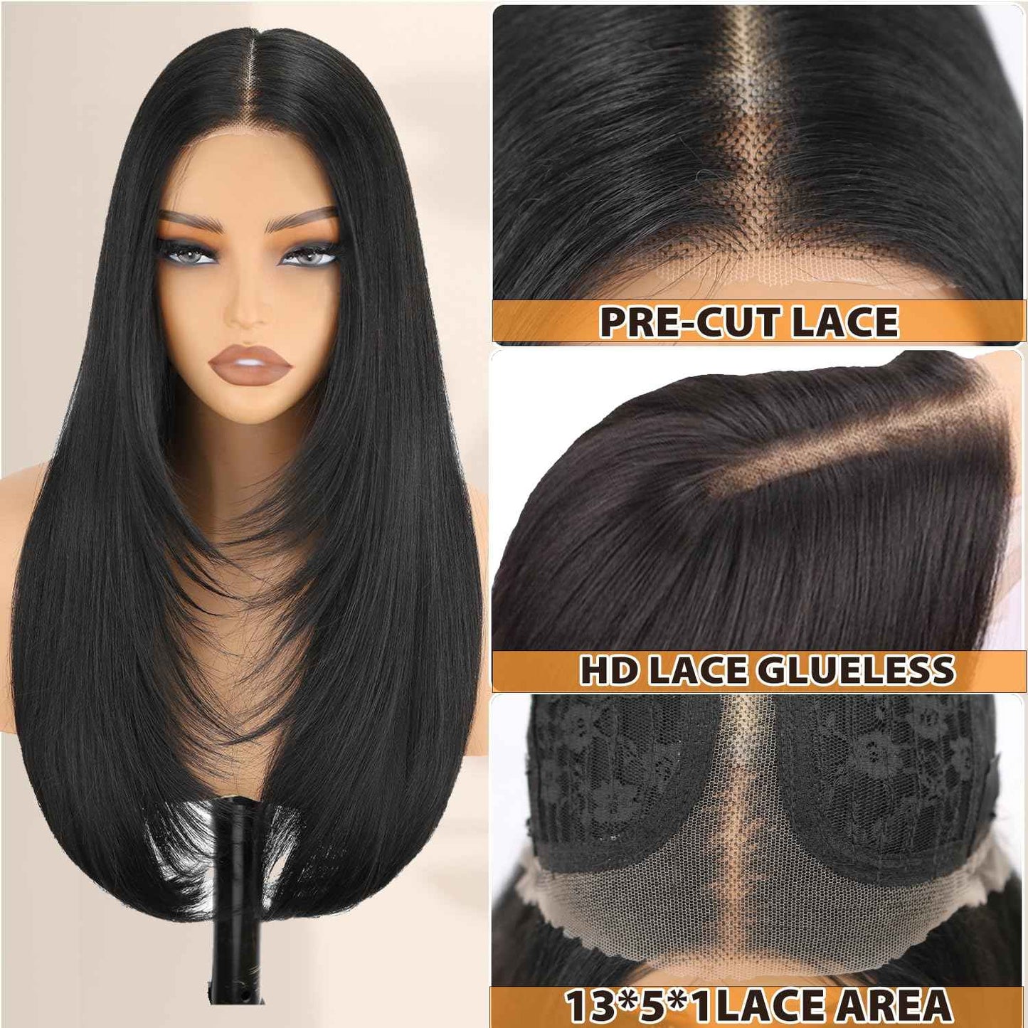 NOSTALGIA Black Wear and Go Glueless Wigs Straight Lace Front Wig Pre Cut Glueless Synthetic Layered Wig 24 Inch Middle Part Closure Wig For Women