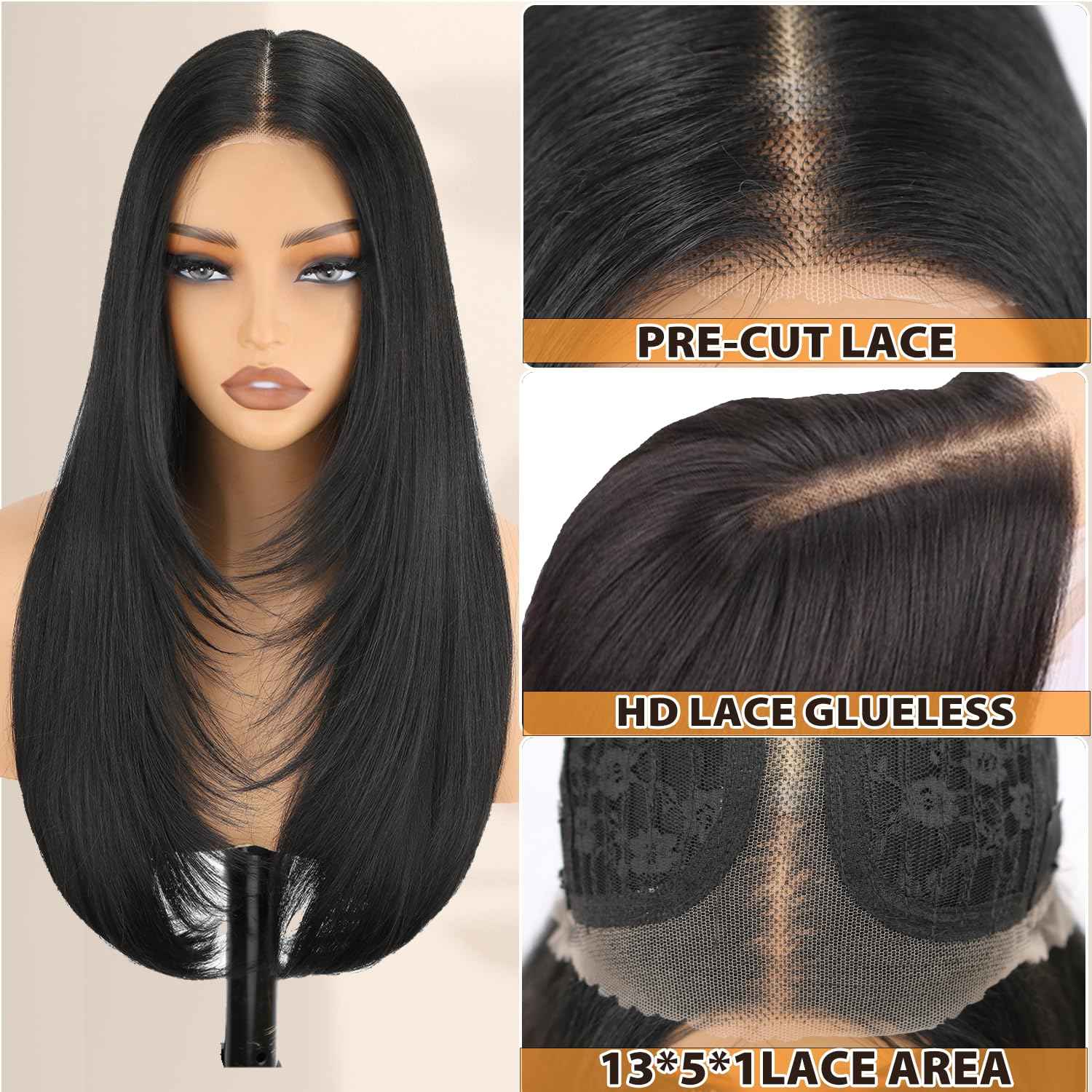 NOSTALGIA Black Wear and Go Glueless Wigs Straight Lace Front Wig Pre Cut Glueless Synthetic Layered Wig 24 Inch Middle Part Closure Wig For Women