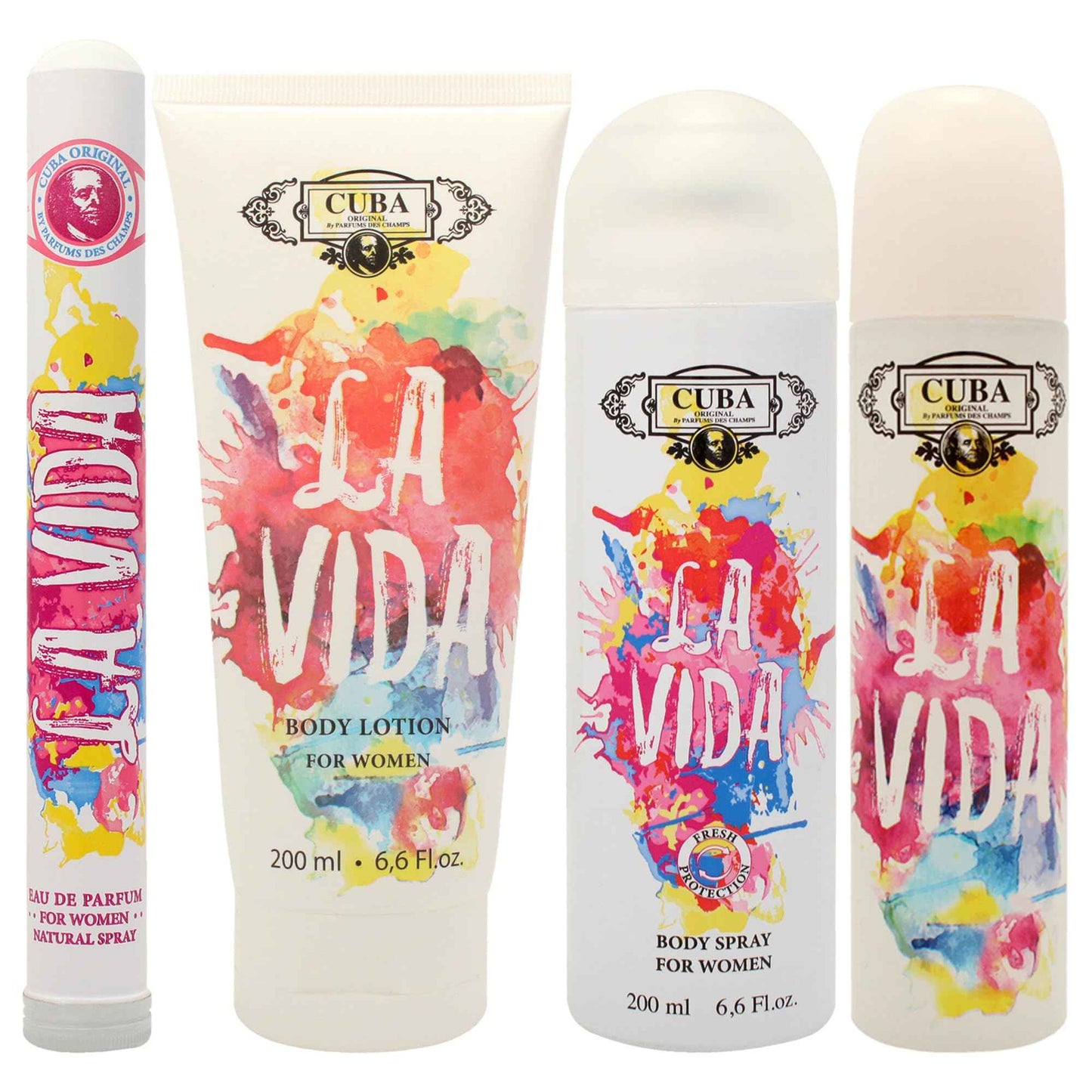 Cuba La Vida for Women - 4 Pc Gift Set 3.3oz EDP Spray, 1.17oz EDP Spray, 6.6oz Body Spray, 6.6oz Body Lotion