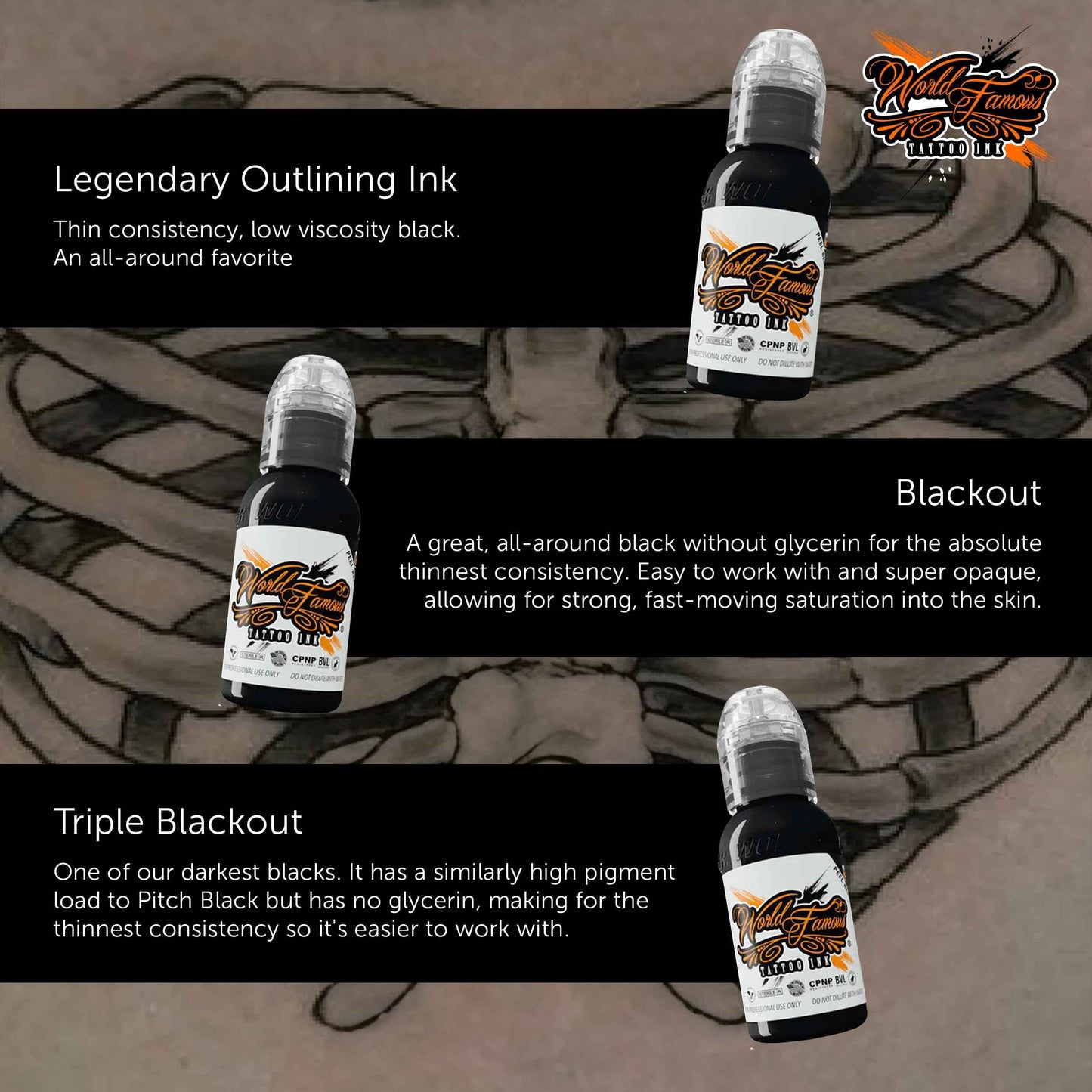 World Famous Fine Line Mini Black Tattoo Ink Pigments Set of 3, Vegan, Professional Supplies, 1oz Bottles, Outlining Ink, Blackout, Triple Blackout