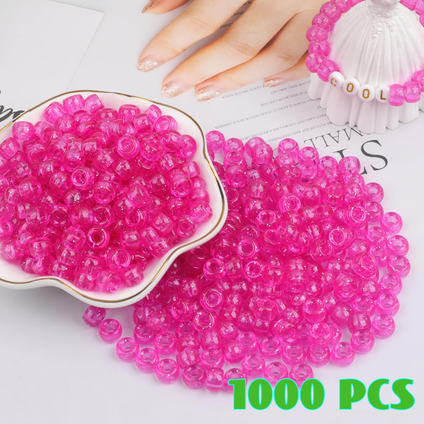 Auvoau 1000Pcs Pony Beads Bracelet 9mm Hot Pink Glitter Plastic Barrel Pony Beads for Necklace,Hair Beads for Braids for Girls,Key Chain,Jewelry Making (Hot Pink Glitter)