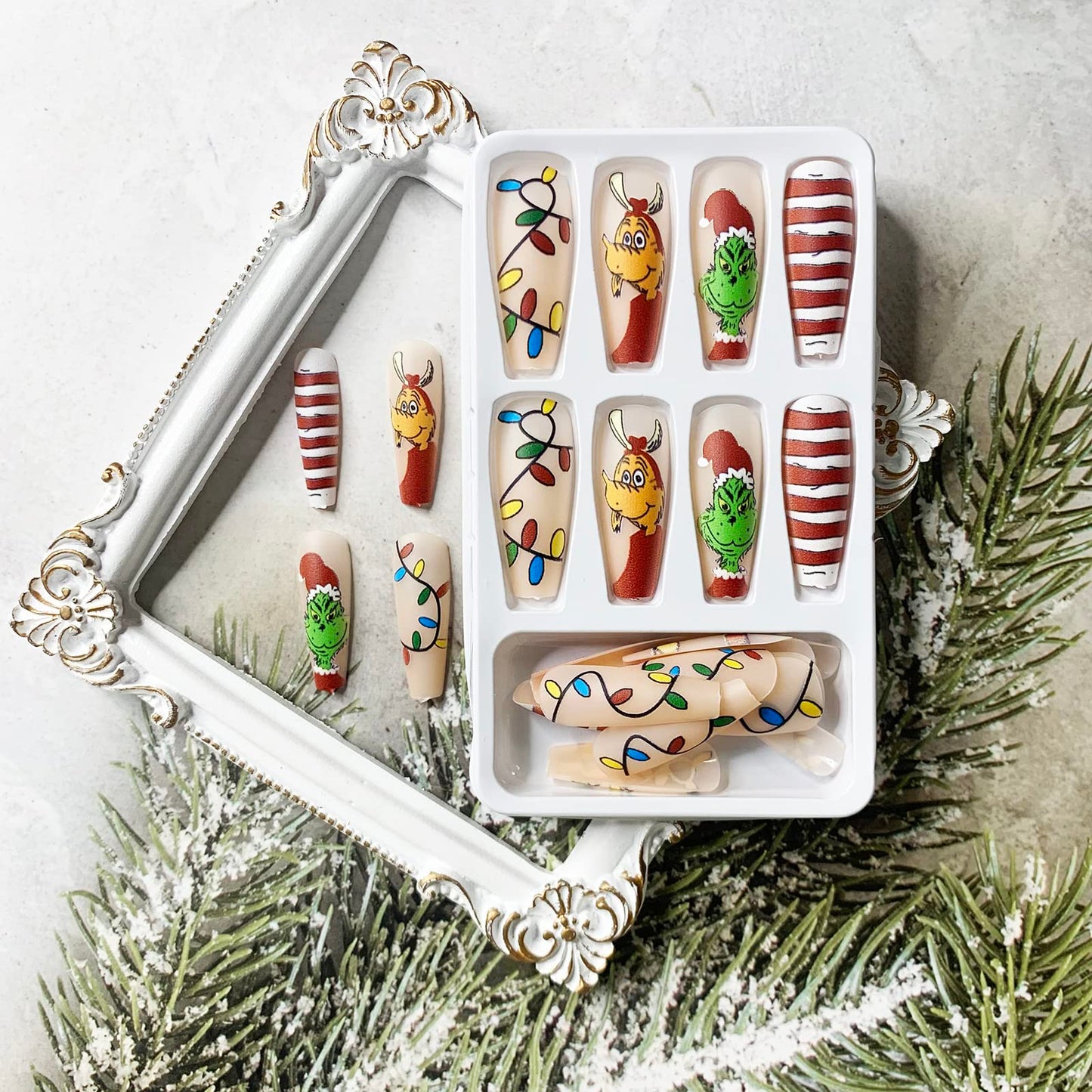 Christmas Press on Nails Long Coffin False Nails Red Fake Nails with Design Red and White Stripe Artificial Nails Full Cover Glue on Nails Cute Press on Nails Matte Cartoon Stick on Nails for Women