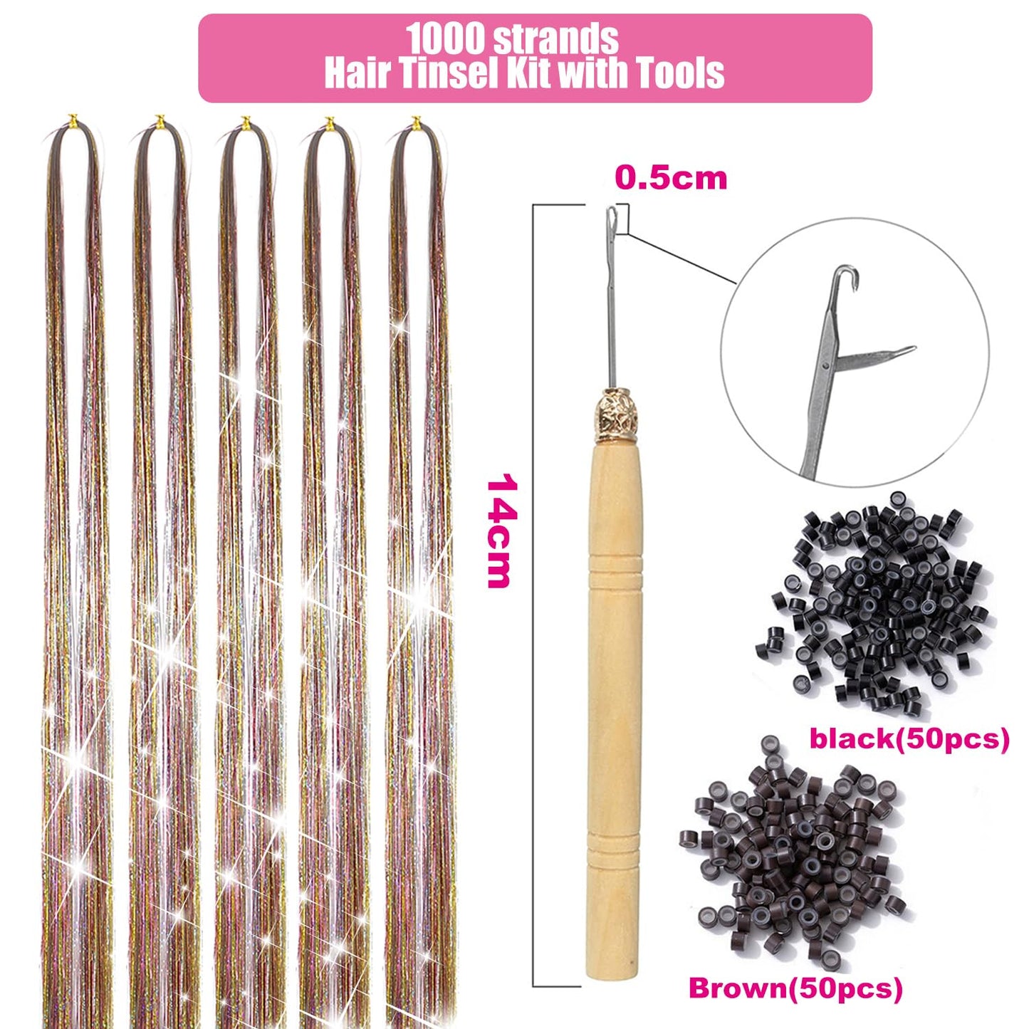 Hair Tinsel Kit 1000 Strands and 6 Pcs Clip in Hair Tinsel Glitter Tinsel Hair Extensions Heat Resistant Sparkling Fairy Hair Accessories for Kids Women Girls (Galaxy)