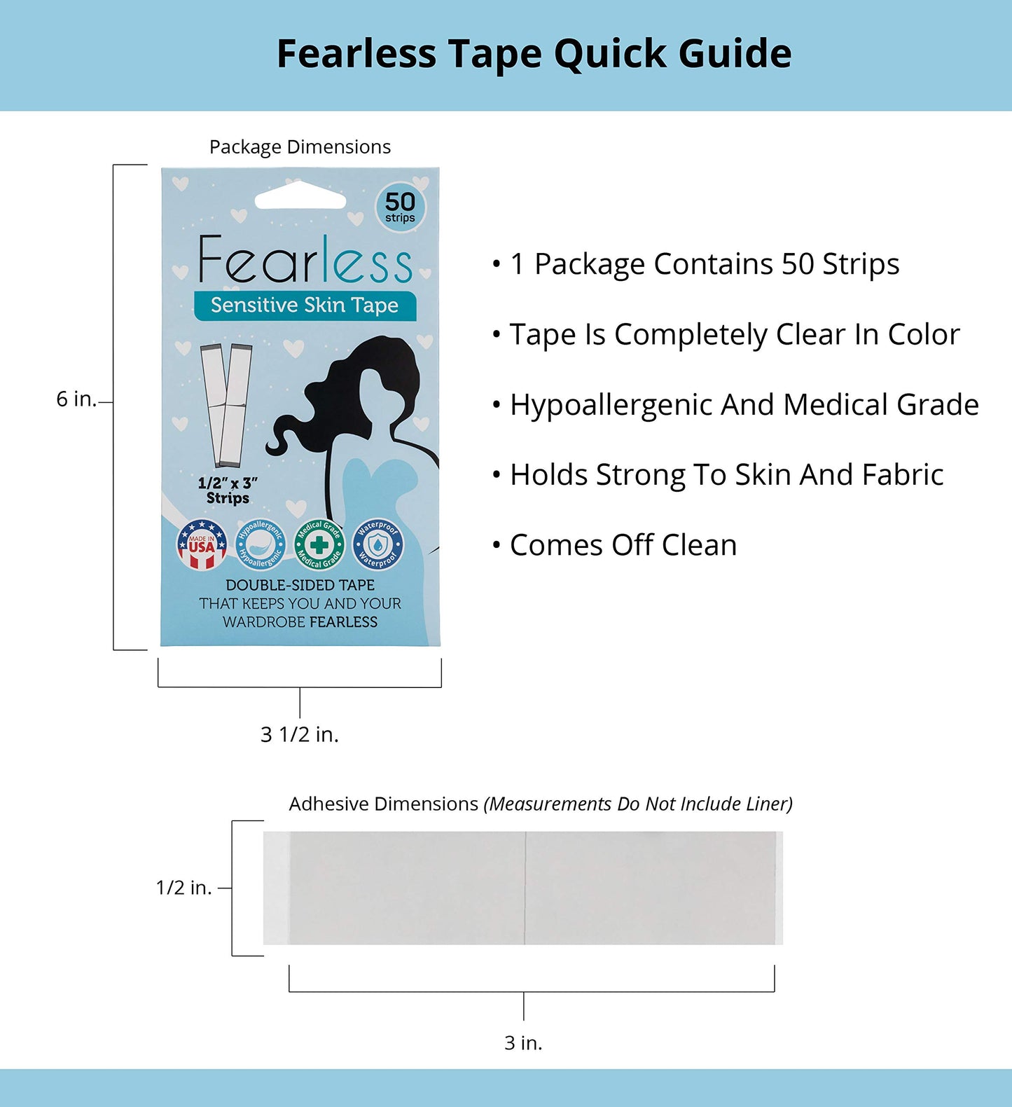 Fearless Tape - Sensitive Skin - Women's Double Sided Tape for Clothing and Body, Transparent Clear Color for All Skin Shades, 50 Count