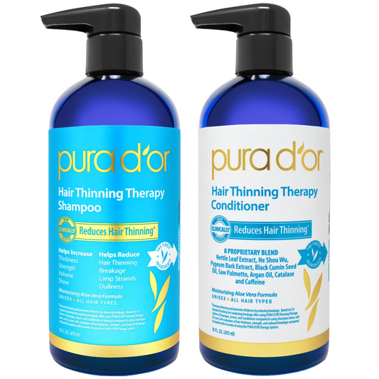 PURA D'OR Hair Thinning Therapy Biotin Shampoo and Conditioner Set, CLINICALLY TESTED Proven Results, DHT Blocker Hair Thickening Products For Women & Men, Natural Routine, Color Safe, 16oz x2