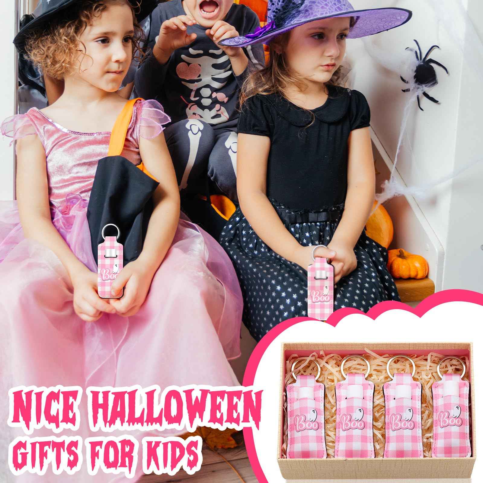 Swiffen 36 Pcs Halloween Lip Balms Gifts Bulk Halloween Party Favors Lip Balm Holder Keychain Spooky Ghost Skull Bat Lipstick Moisturizers for Adults Treat Bags Stuffers Party Supplies(Pink Style)