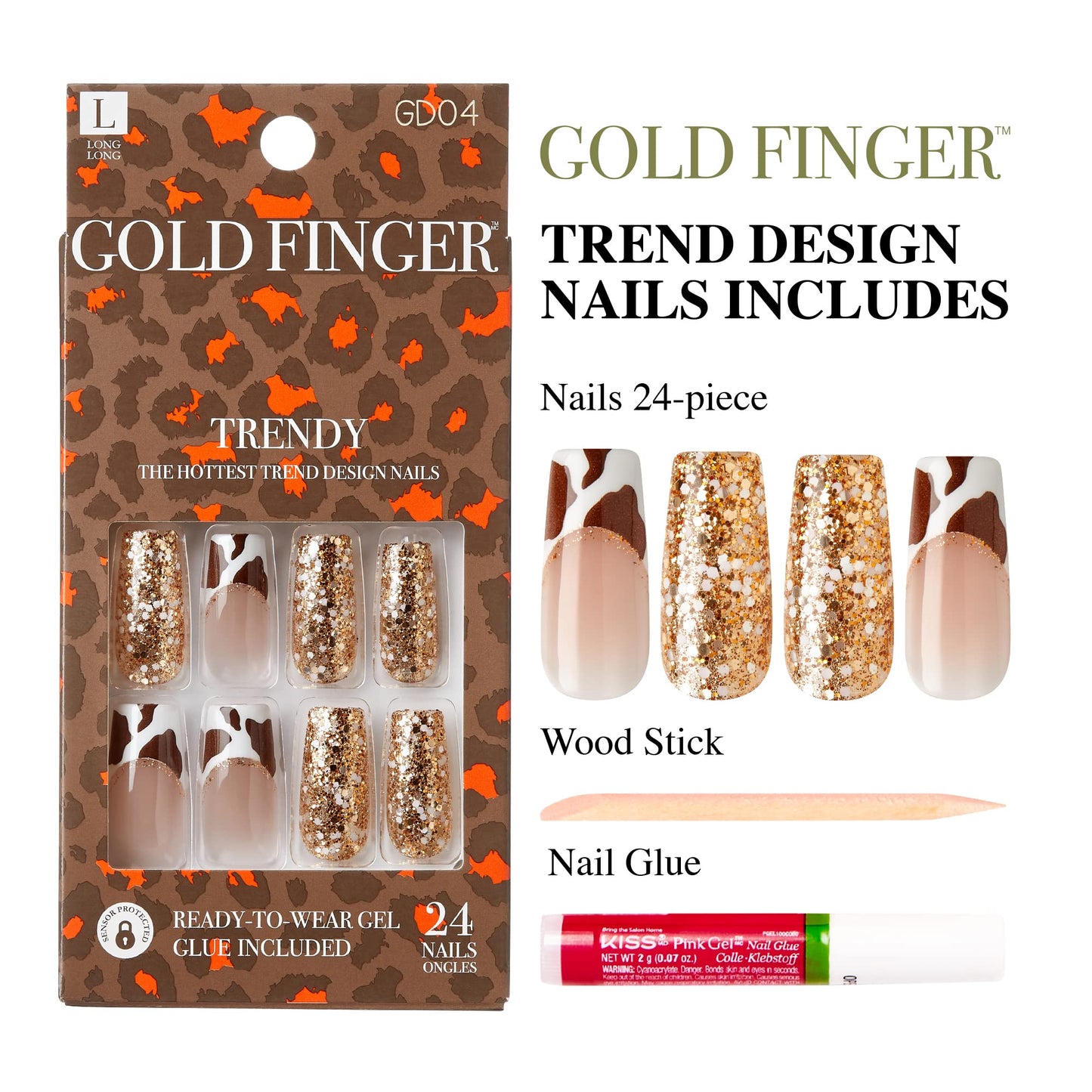 Gold Finger Full Cover False Nails Kit with Glue, Trendy Design, Ready to Wear Gel, Medium, Long, Extra Long Length Nails (Totally Got This)