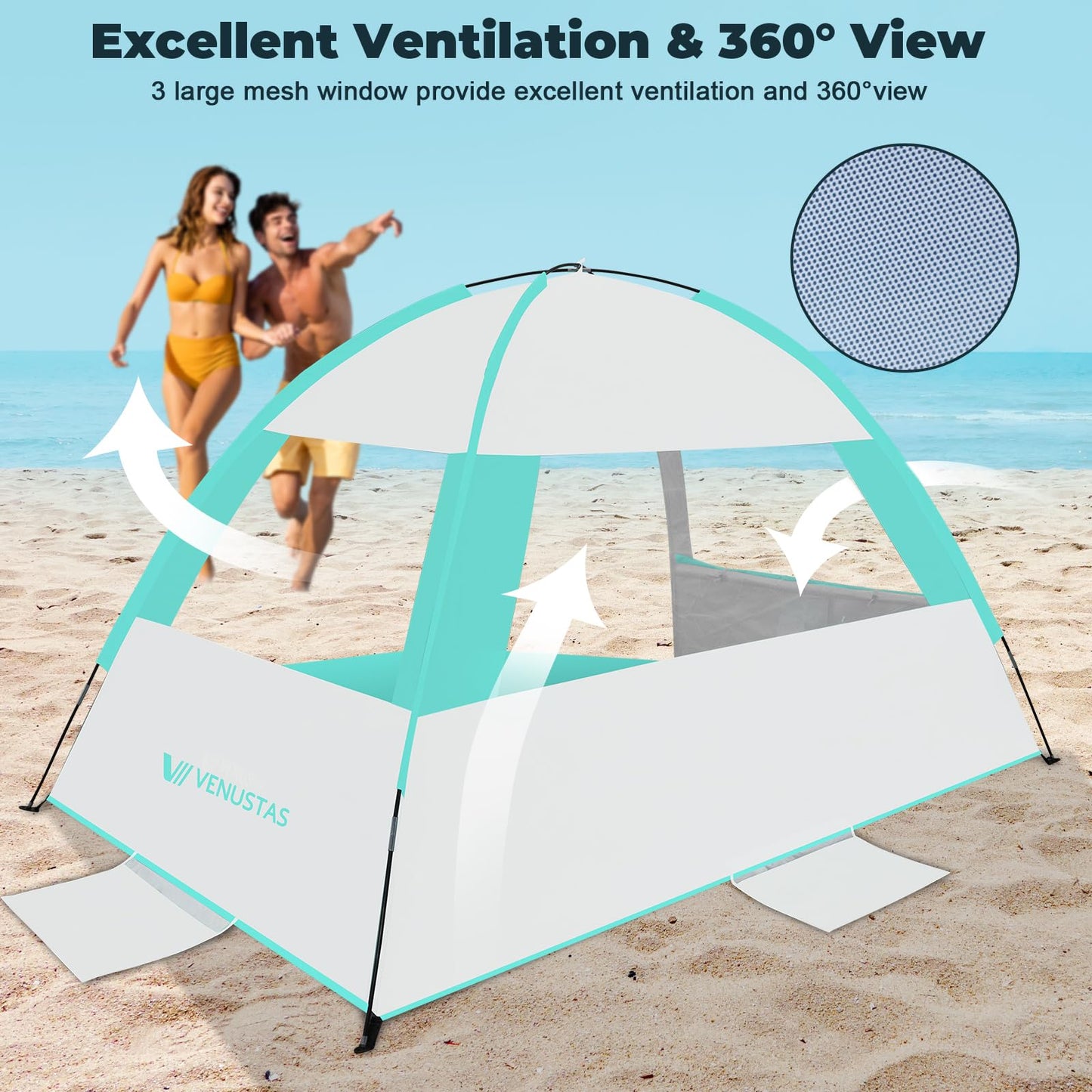 Venustas Beach Tent Sun Shelter for 3/4-5/6-7/8-10 Person, UPF 50+ UV Protection Beach Canopy, Lightweight and Easy Setup Cabana, Portable Beach Shade Tent