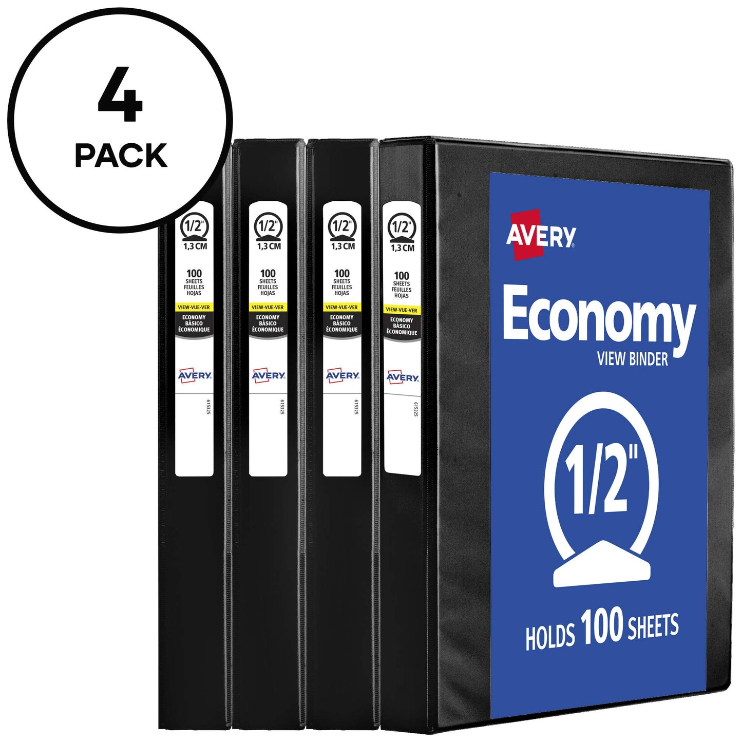 Avery Economy View 3 Ring Binders, 0.5" Round Rings, 100-Sheet Capacity, Black, 4 Pack (17701)