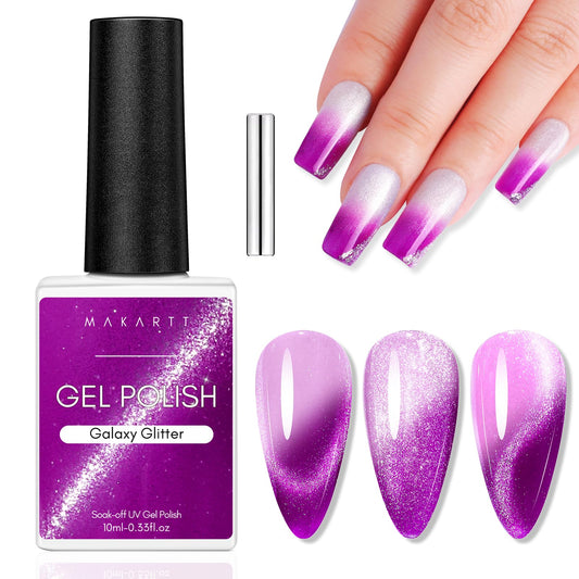 Makartt Cat Eye Gel Nail Polish 10ML Reflective Glitter Gel Polish with Cat Eye Magnet for Nails Temperature Changing Magnetic Nail Polish Gel UV LED DIY Nail Art Home Salon Gift(Galaxy Glitter)