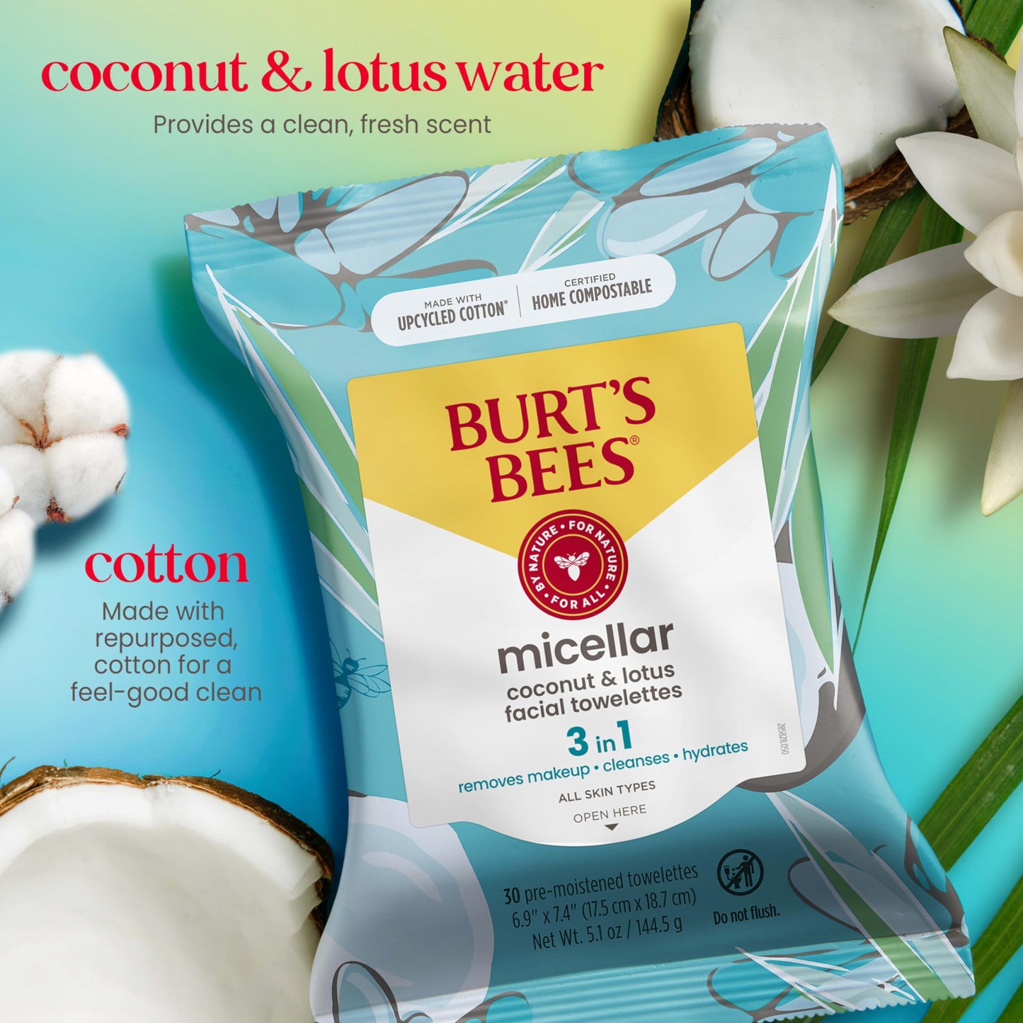 Burt's Bees Coconut & Lotus Face Wipes, for All Skin Types, Micellar Makeup Remover & Facial Cleansing Towelettes, 30 Ct. (3-Pack)