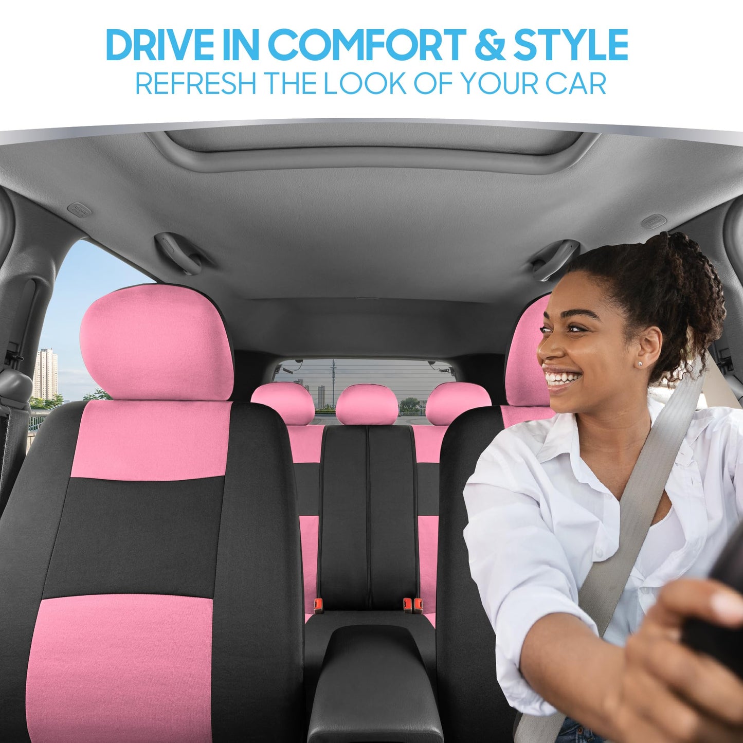 BDK PolyPro Car Seat Covers Full Set in Pink on Black – Front and Rear Split Bench for Cars, Easy to Install Cover Set, Accessories Auto Trucks Van SUV