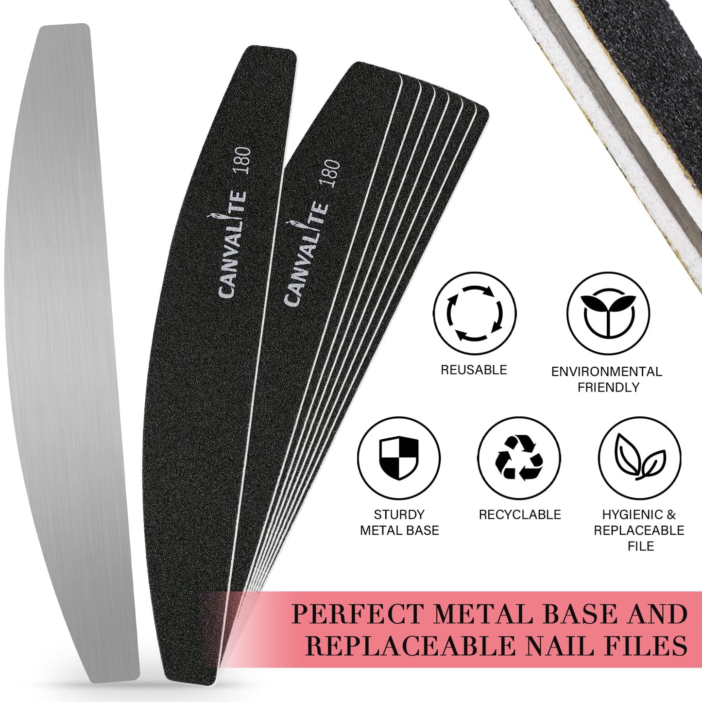 Canvalite 40 PCS Nail File Professional Reusable Peel and Stick Nail Files Replaceable Emery Boards 180 Grit Fingernail Files Manicure Tools for Home and Salon Use