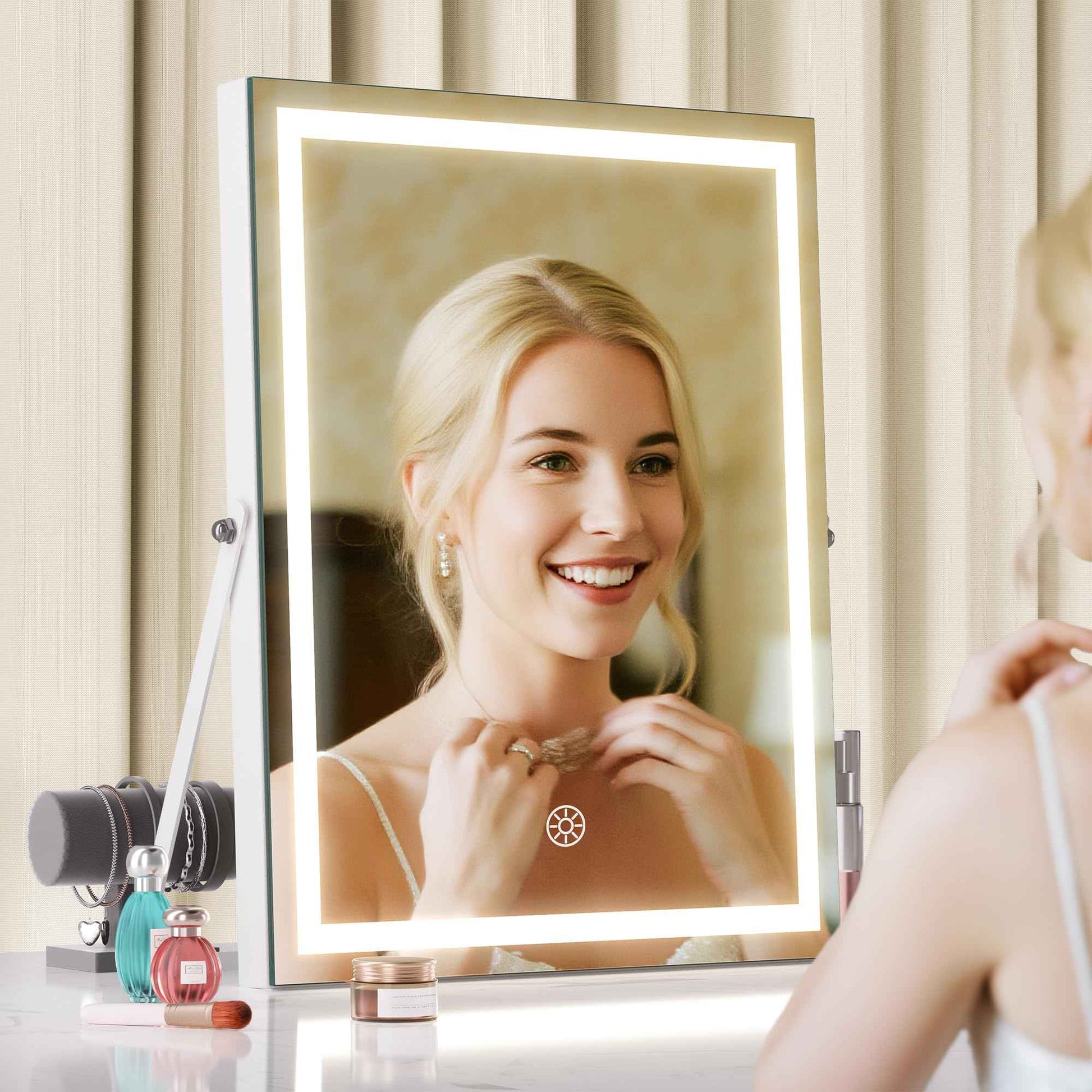 MINISO Vanity Mirror with Lights, 11.4" x 13.8" LED Makeup Mirror, Light & Brightness Adjustment, Smart Sensor, Aluminum Alloy Metal White Frame, with 5X Magnifying Glass