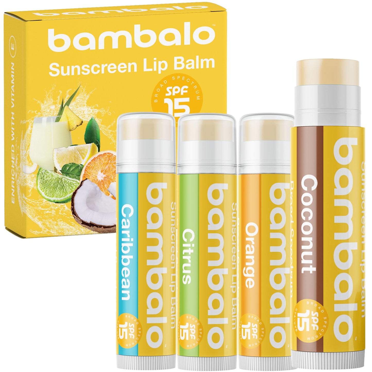 Bambalo 4-Pack Tropical Variety SPF 15 Lip Balm - Organic Ingredients, Broad Spectrum UVA/UVB Protection - Hydrating & Moisturizing, USA Made