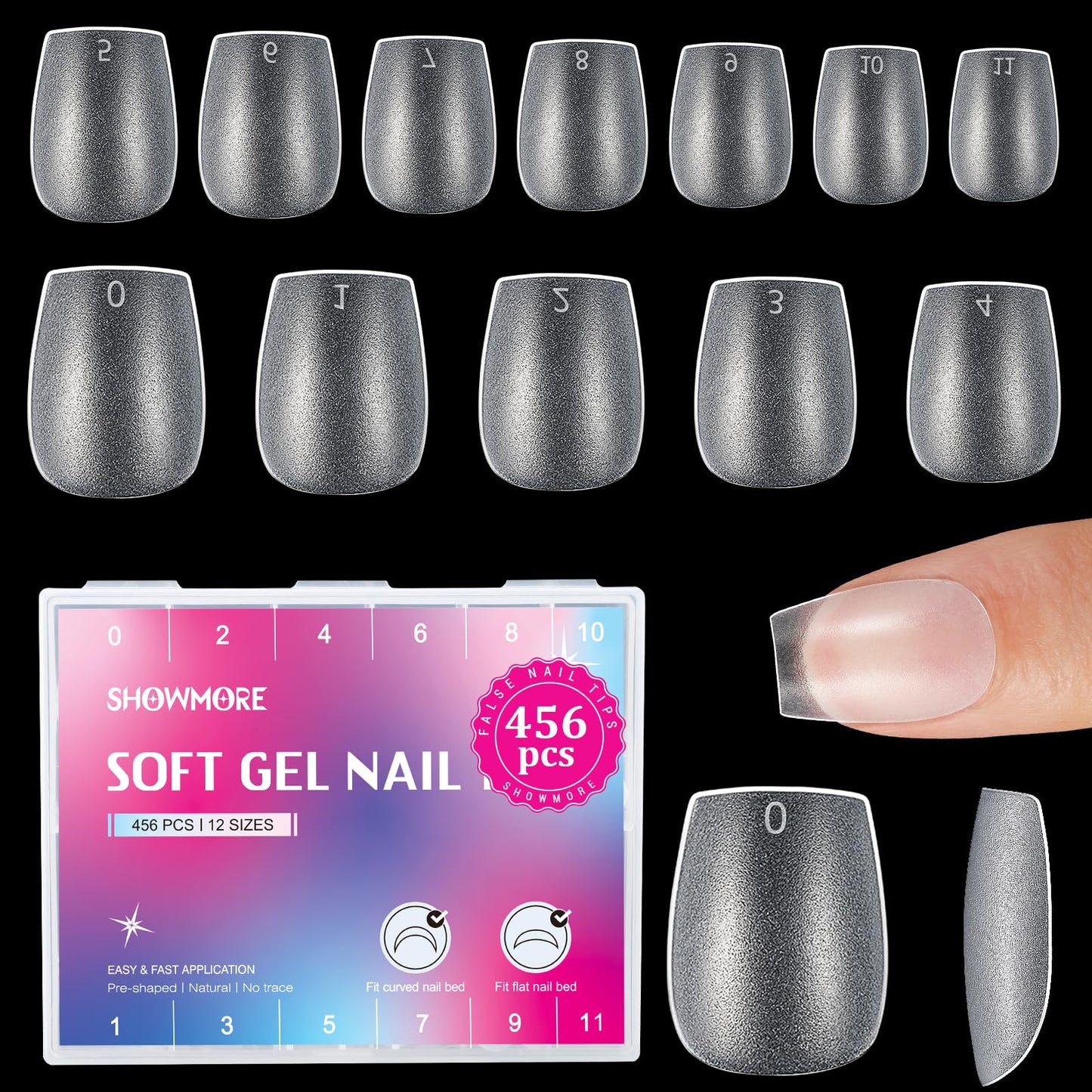 SHOWMORE 456Pcs Short Coffin Nail Tips Soft Gel Pre-shaped Full Matte Full Cover Acrylic False Nail Tip Press on Nails for Nail Extension DIY Salon 12 Sizes