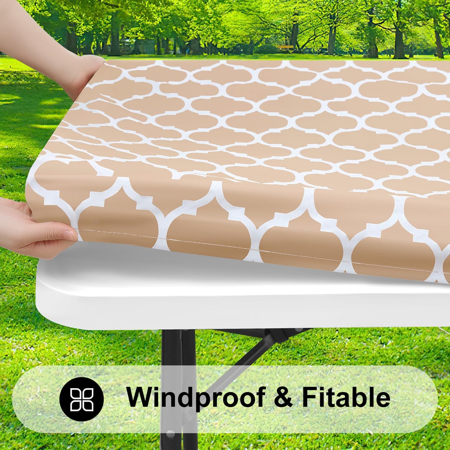 smiry Rectangle Picnic Tablecloth, Waterproof Elastic Fitted Table Covers for 4 Foot Tables, Wipeable Flannel Backed Vinyl Tablecloths for Camping, Indoor, Outdoor (Khaki Morocco, 30x48 Inches)