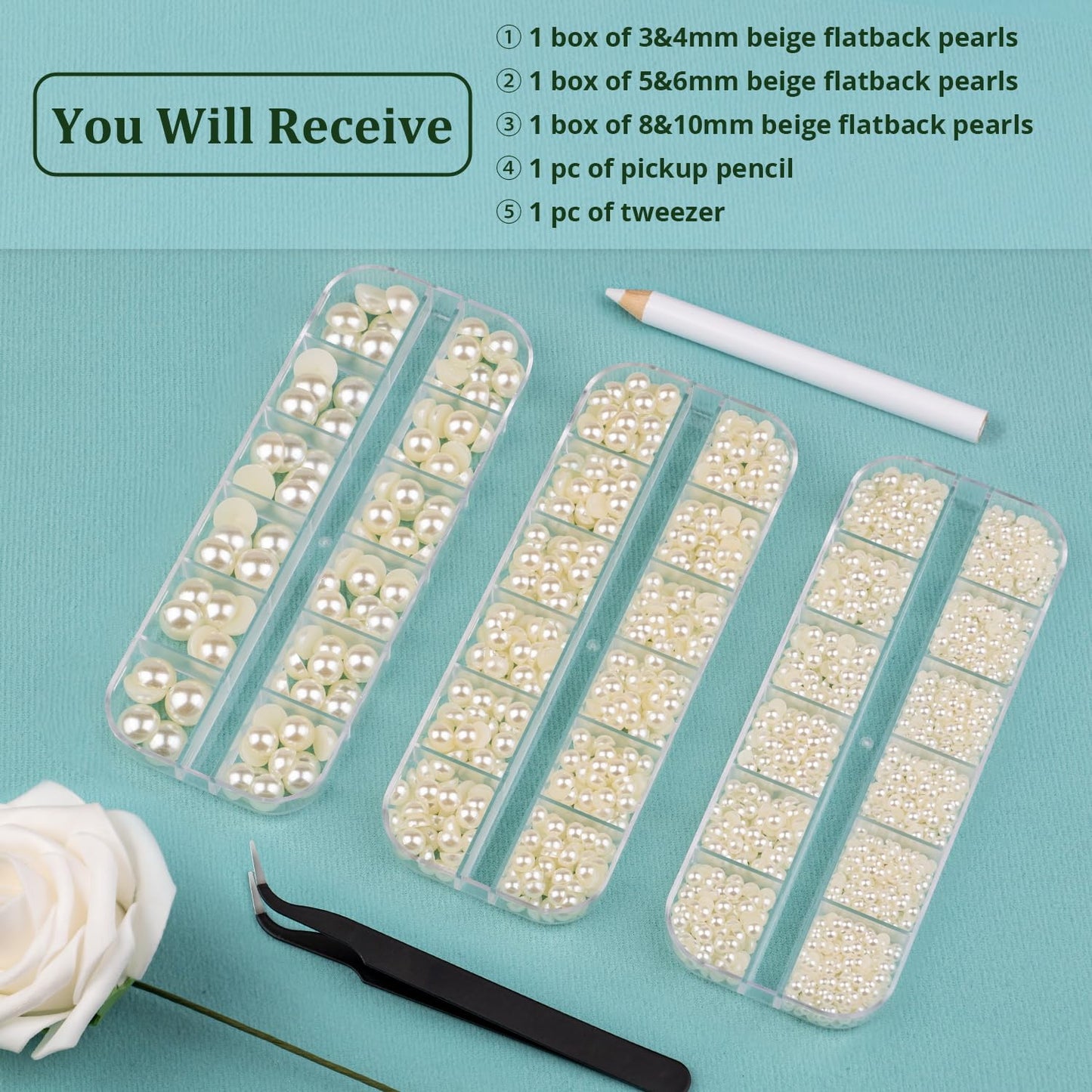 3 Boxes Flat Back Pearls Kit 2 Flatback Beige Half Round Pearls 3-10mm with Pickup Pencil and Tweezer for Home DIY and Professional Nail Art, Face Makeup and Craft