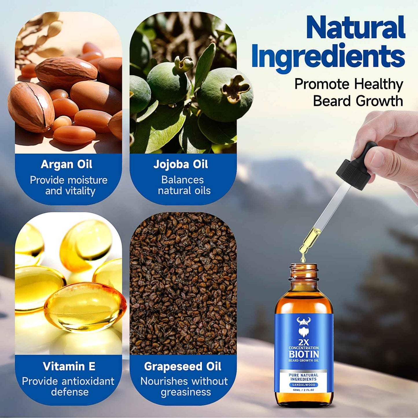 Beard Growth Oil - 2X Concentration Biotin Beard Oil for Men (2 oz) - Natural Mens Beard Oil with Argan Oil, Jojoba Oil and Vitamin, Beard Growth Softener, Moisturizer (Sandalwood)