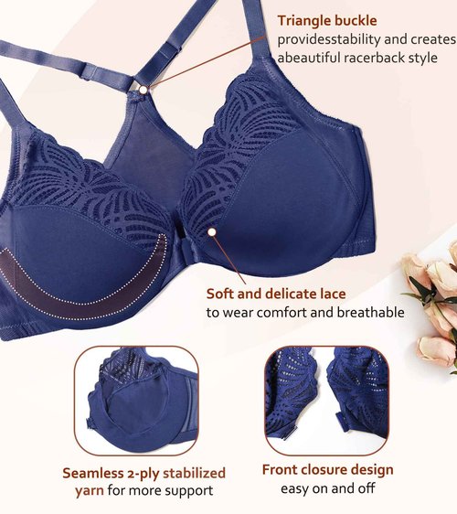 DotVol Women's Plus Size Front Closure Lace T-Back Underwire Everyday Bra(38C,Blue)