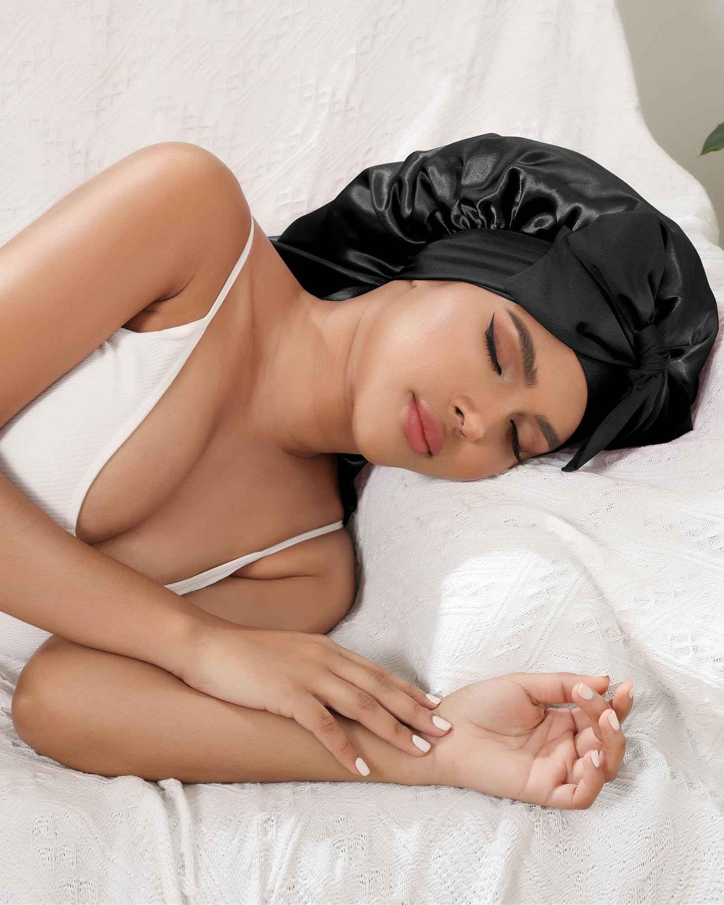 AWAYTR Long Satin Bonnet for Sleeping - Double Layer Reversible Silk Bonnet for Long Hair Women Sleeping Cap with Tie Band (Black+Light Blue)