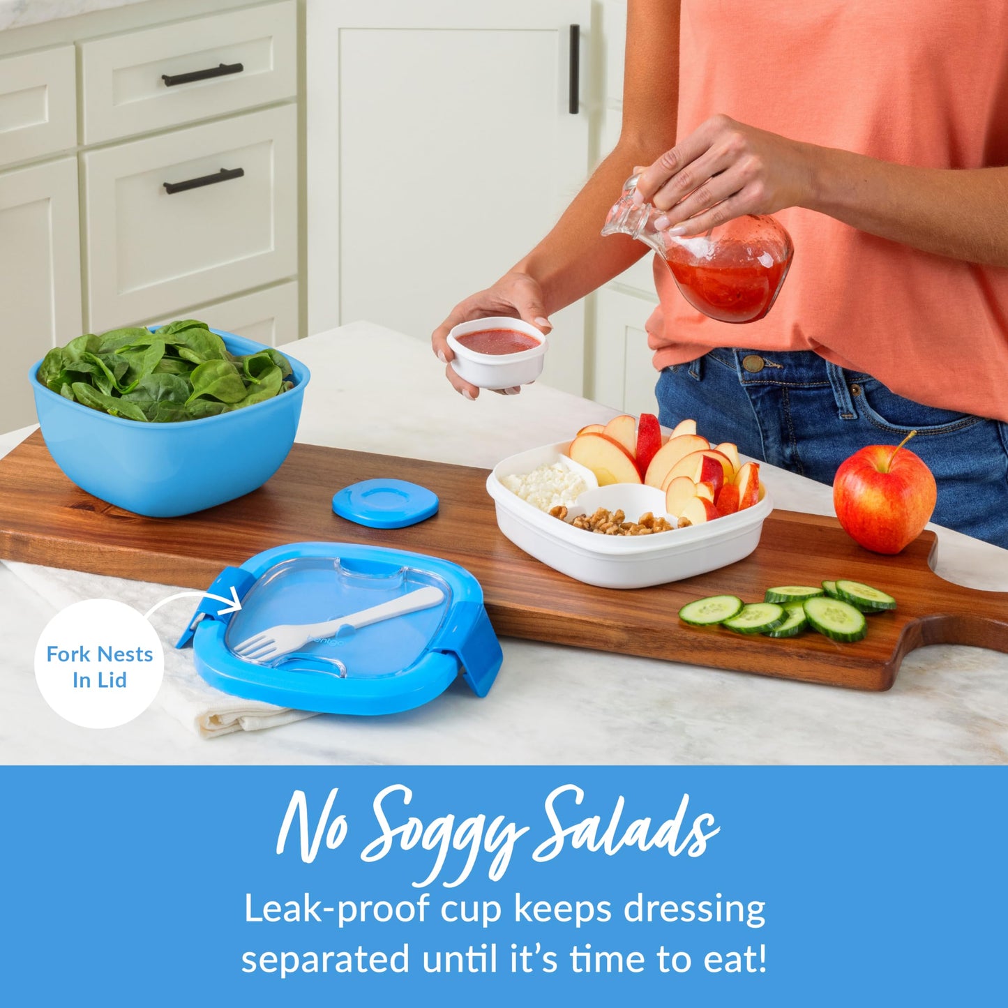 Bentgo All-in-One Salad Container - Large Salad Bowl, Bento Box Tray, Leak-Proof Sauce Container, Airtight Lid, & Fork for Healthy Adult Lunches; BPA-Free & Dishwasher/Microwave Safe (Blue)