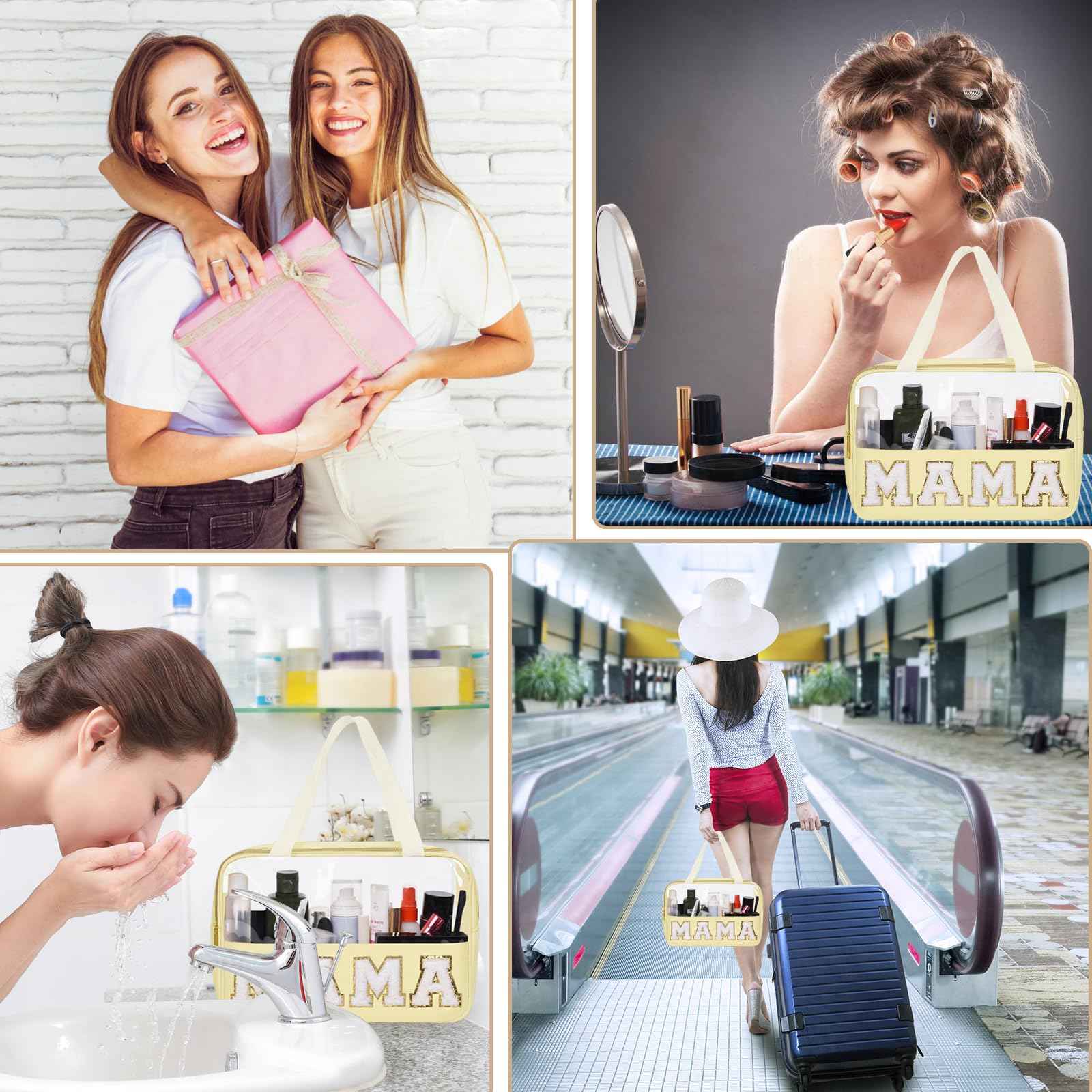 Chenille Letter Patches Clear MAMA Cosmetic Bag, Large PVC & Nylon Preppy Makeup Bag Zipper Makeup Pouch with Handle, Portable Waterproof Travel Toiletry Bag Tote Bag for Women Girls(Beige MAMA)