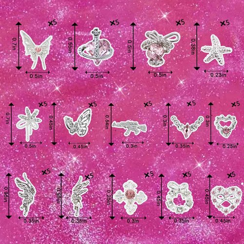 70PCS Silver Nail Charms,Y2K Nail Art Rhinestone Charms 3D Heart Bow Star with Rhinestones,Charms for Nails Design,Accessories Supplies (Silver Pink 2)